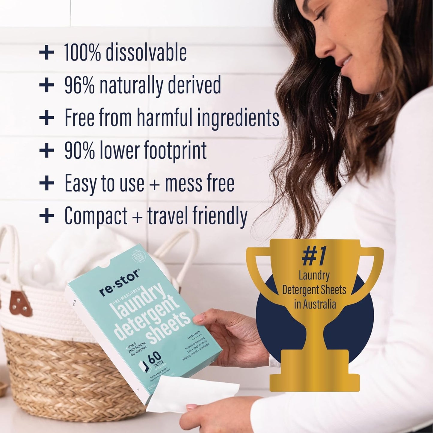 restor Laundry Detergent Sheets Fresh Linen 180 Loads | Eco Friendly Plastic Free Travel Laundry Washer Sheets | Superior Stain Fighting Washing Detergent sheets Number One in Australia