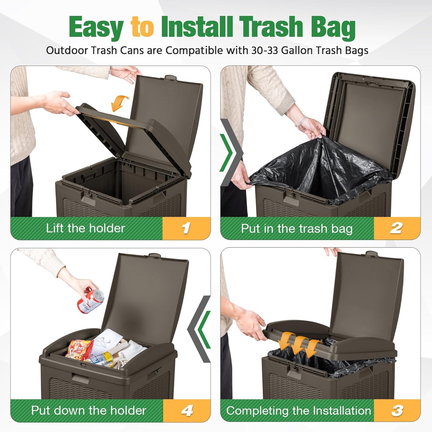 Flamaker 30 Gallon Trash Can, Resin Outdoor Garbage Can with Lid, Waterproof Hideaway Patio Waste Bins for Outside Use (2 Pack, Deep Brown)