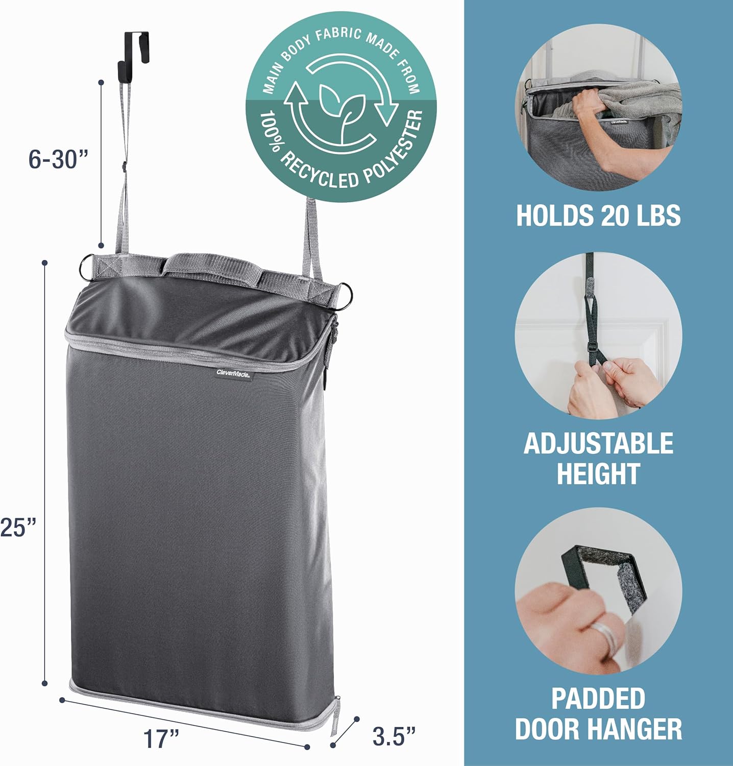 CleverMade Convertible Laundry Hamper Bag - Shadow Gray Stone holds 21.5L / 20 lbs 1 Compartment - Storage with Handles for Home Organization