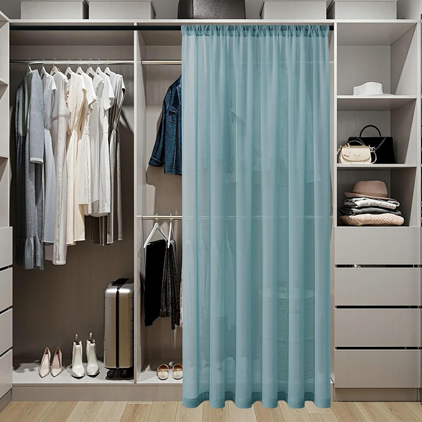 Tollpiz Short Sheer Door Curtain Closet Linen Textured Curtain Sheers Doorway Light Filtering Voile Patio Door Rod Pocket Curtains French Door, 54 x 54 inches Long, Dusty Blue, Set of 1 Panel