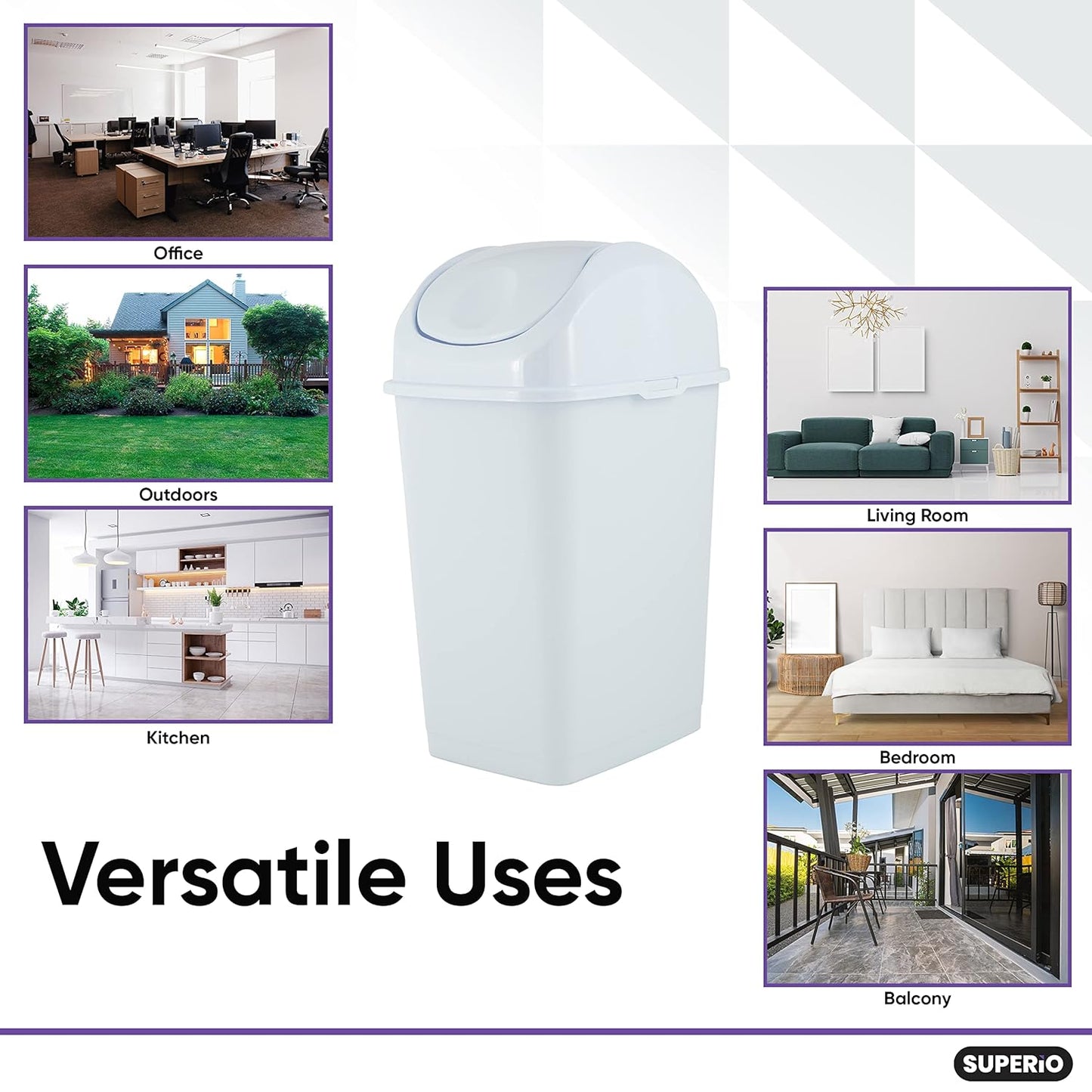 Superio Kitchen Trash Can with Swing Top Lid 9 Gallon Slim Waste Bin 37 Qt Sturdy Plastic Garbage Can Medium Recycling Bin for Office, Bathroom, Under Counter, Dorm, Bedroom (White-2 Pack)