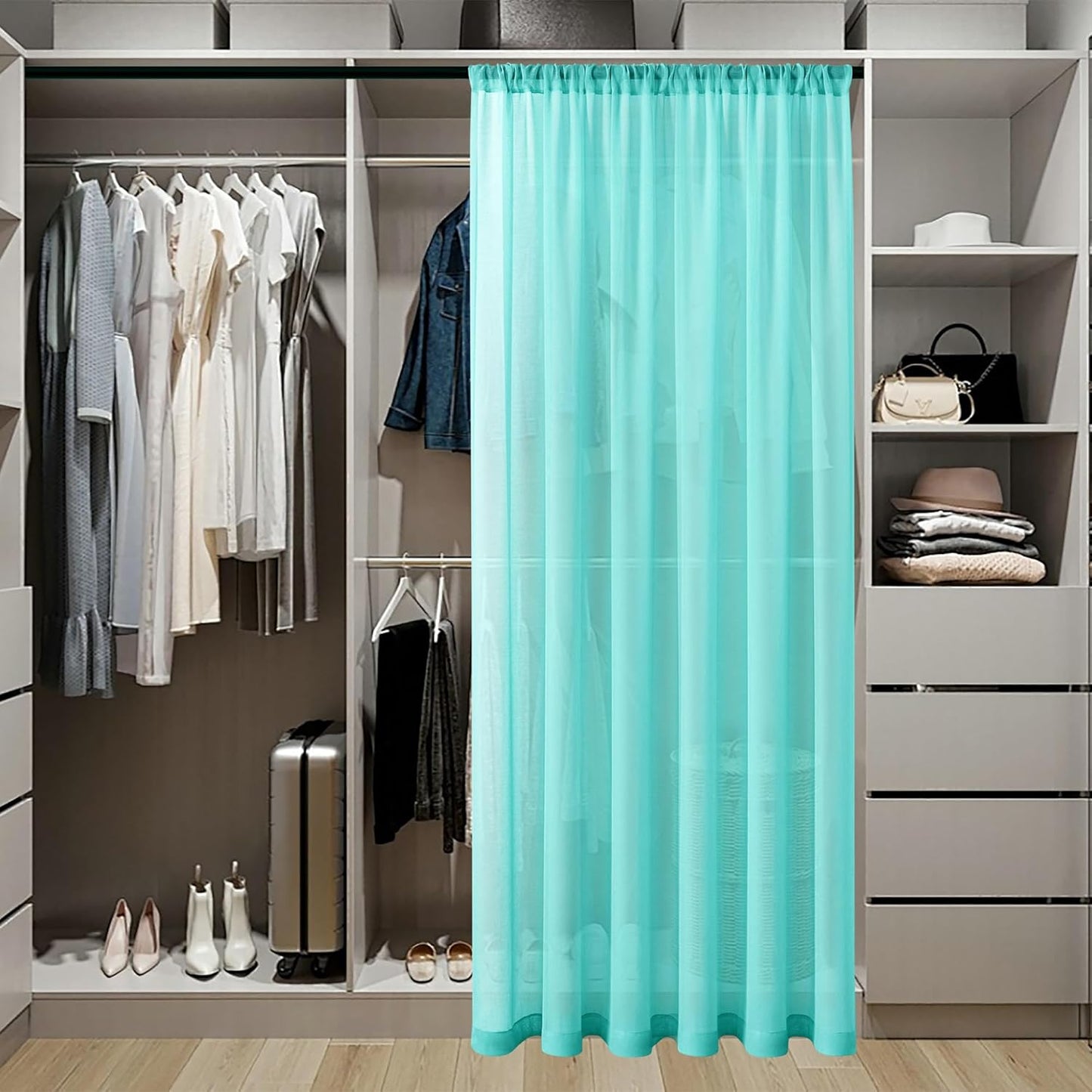 Tollpiz Sheer Door Curtains Closet Linen Textured Curtains Sheer Doorway Light Filtering Voile Rod French Door Pocket Curtain Patio Door, 25 x 72 inches Long, Aqua Blue, Set of 1 Panel