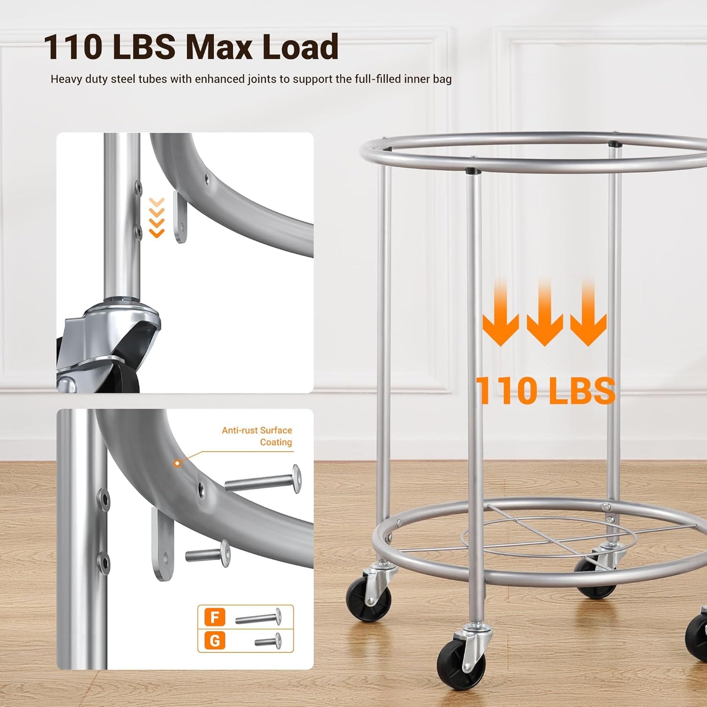 ELYKEN Laundry Basket with Wheels, 170L Rolling Laundry Hamper with Removable Bag and Steel Frame, Round Laundry Cart with 4 Casters and 2 Brakes, Ideal for Bedroom, Bathroom, Laundry Room, Cream