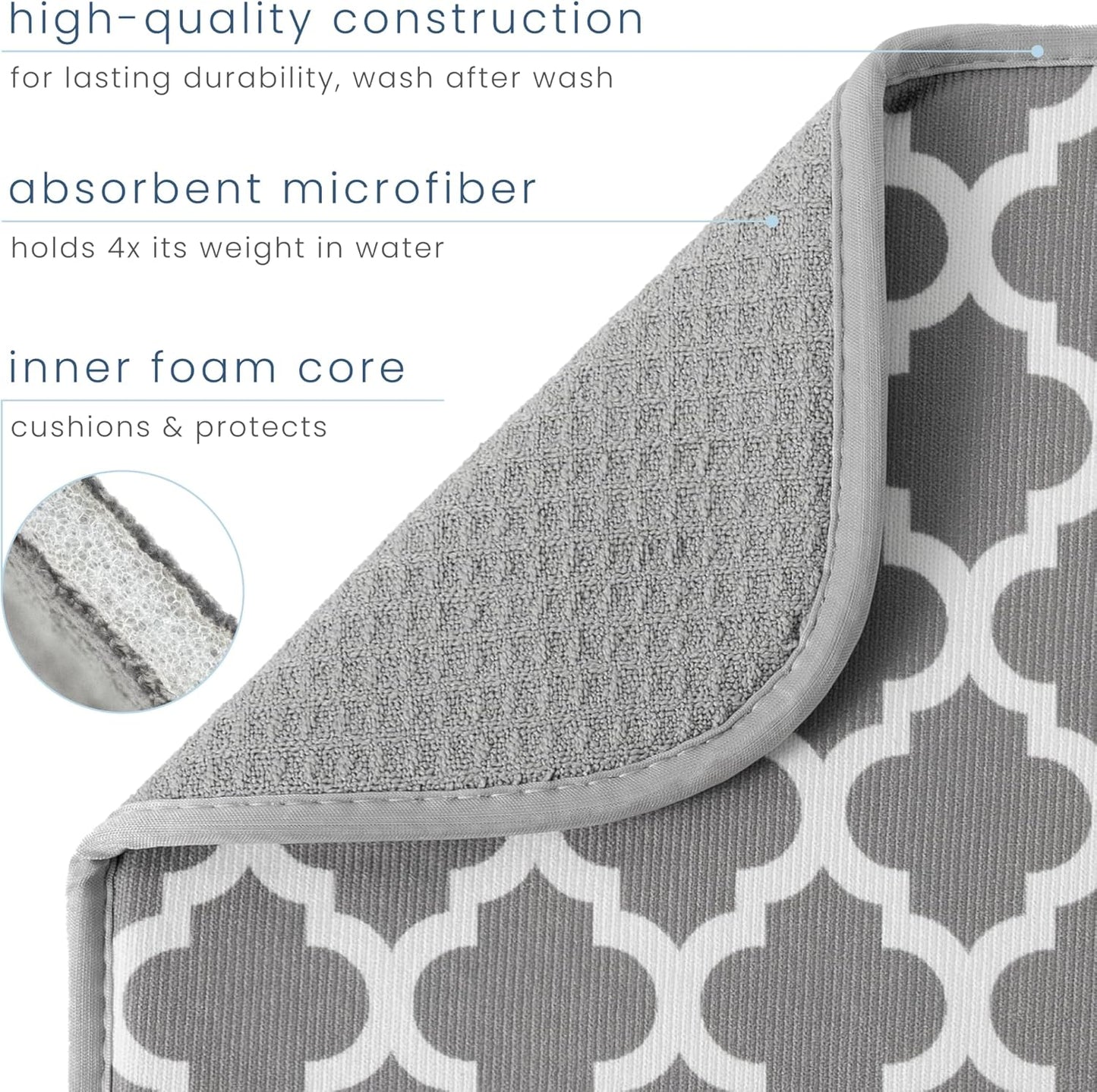 S&T INC. Dish Drying Mat, 16” x 18”, Absorbent Microfiber Kitchen Counter Mat, Dish Drying Pad for Dishes, Utensils, Pots and Pans, Large, White Trellis