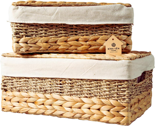 Wicker Storage Baskets with Lid and Lining, Built-in Carry Handles, Set of 2 Handwoven Water Hyacinth Storage Baskets For Organizing, Home Decoration, 2 Pack, Natural