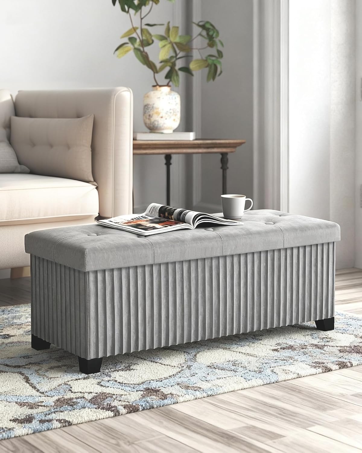 Storage Ottoman Bench, 43 Inch Foldable Ottoman with Legs, Velvet Foot Rest Stool, End of Bed Bench, Storage Chest for Living Room, Bedroom (Grey)