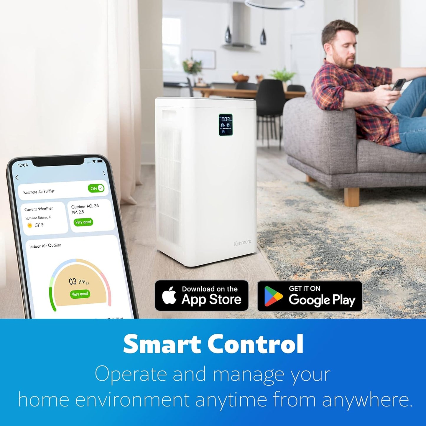 Kenmore PM4030 Air Purifier with H13 True HEPA Filter, Covers Up to 2300 Sq.Foot, 24db SilentClean 3-Stage HEPA Filtration System, 5 Speeds for Home Large Room, Kitchens & Bedroom