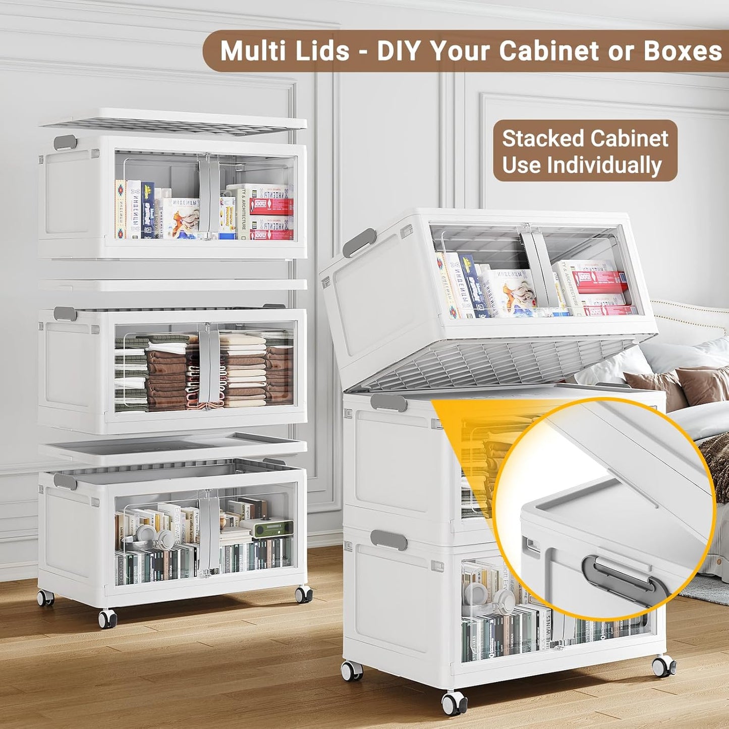 BROVIEW 160QT Stackable Storage Bins with Lids, 40Gal Extra Large Collapsible Storage Box with Wheel, Plastic Storages with Clear Door Open Front for Home Kitchen Garage, White-1pack(1 lid)