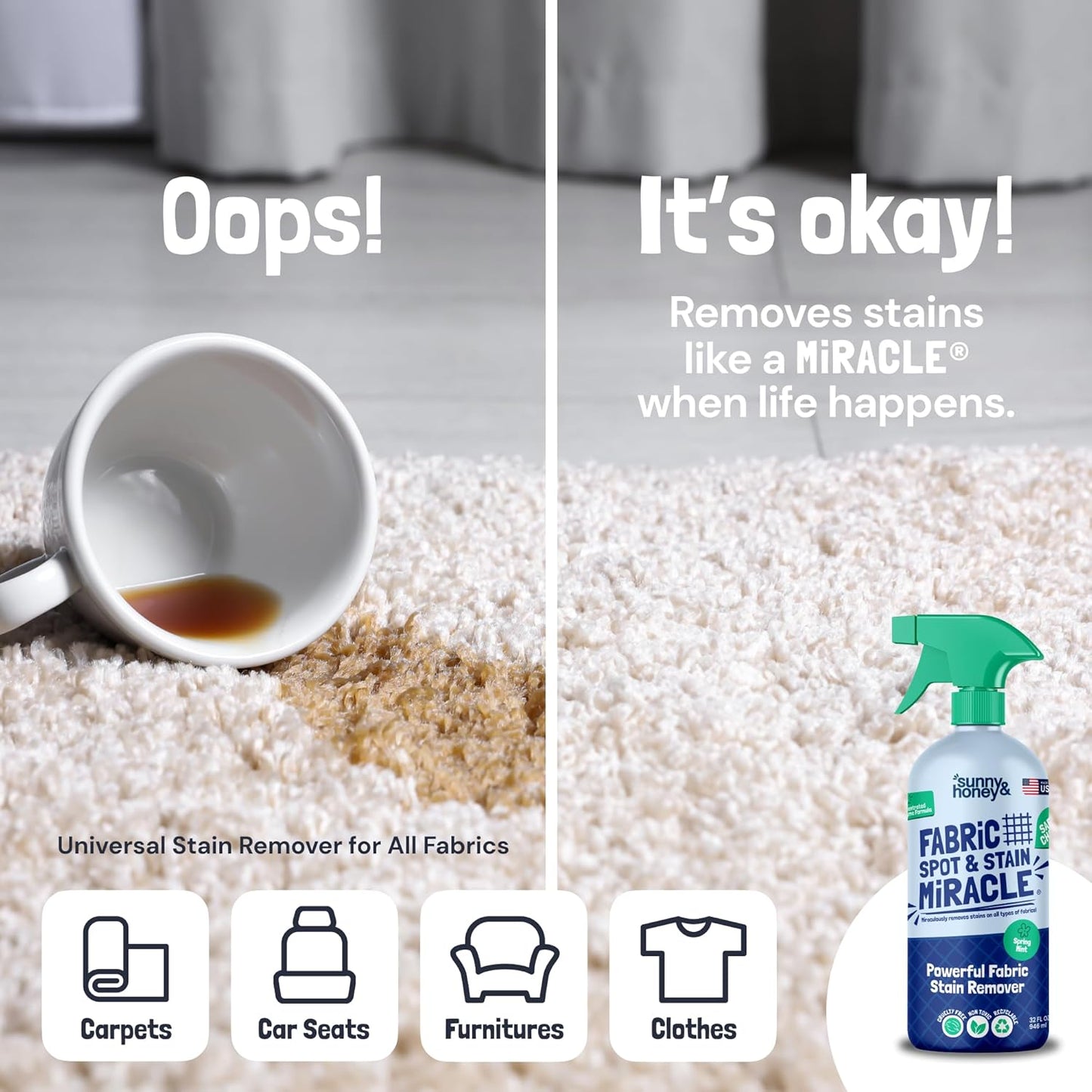 Sunny & Honey Upholstery Cleaner for Furniture - Carpet Stain Remover Spray - 32 Oz, Mint Scent - Pet & Baby Safe Fabric Cleaner