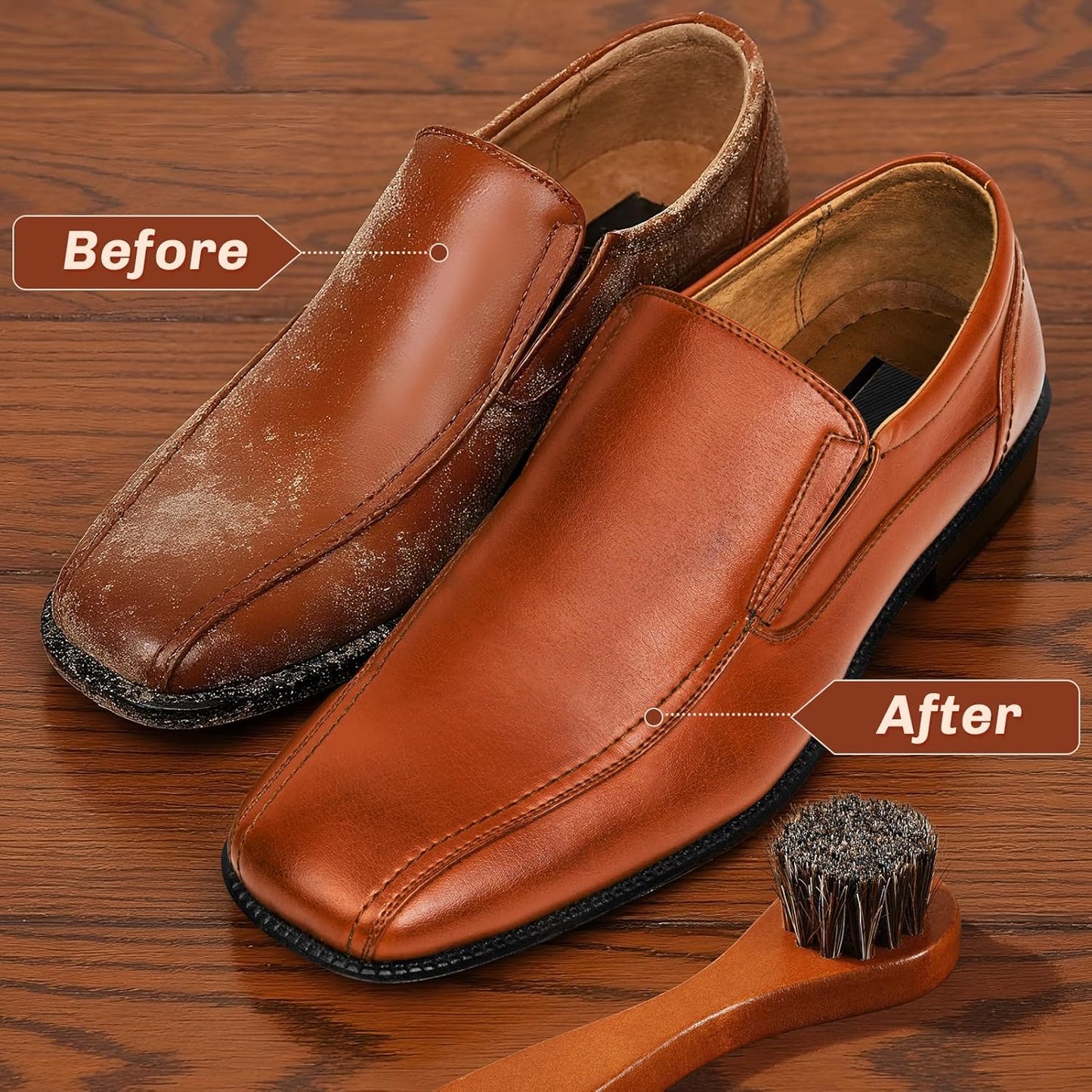 4 Pcs Horsehair Shine Shoes Brush Kit Polish Dauber Applicators Cleaning Leather Shoes Boots Care Brushes Suede Cleaner Brush with Microfiber Shoe Cloth(Brown Handle A)