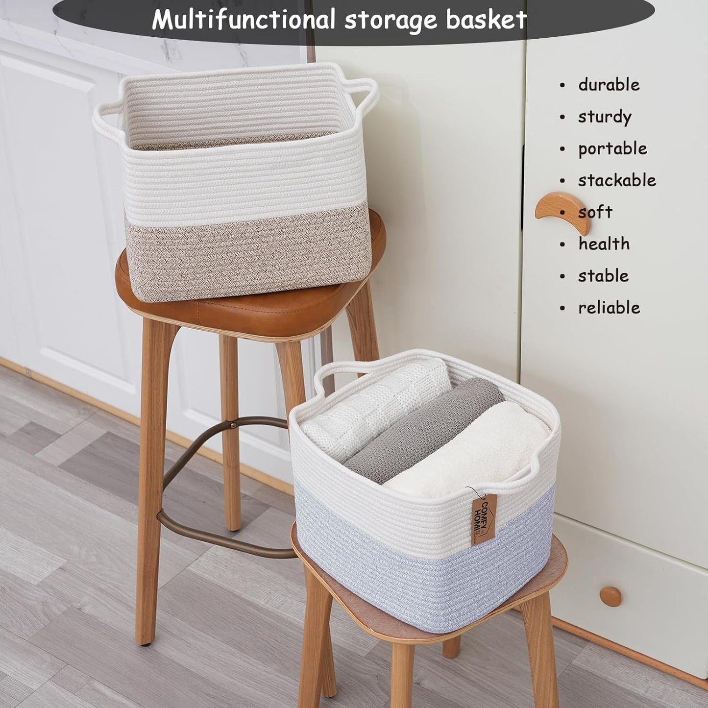 COMFY-HOMI 3PACK Cotton Rope Square Baske with Handles for Shelves|Dog Toy Baske Bin and Storage|Baby Baske for Gift|Shoe Baske for Organizing|13.5" x 11" x 9.5" for Living Room（White/Blue）