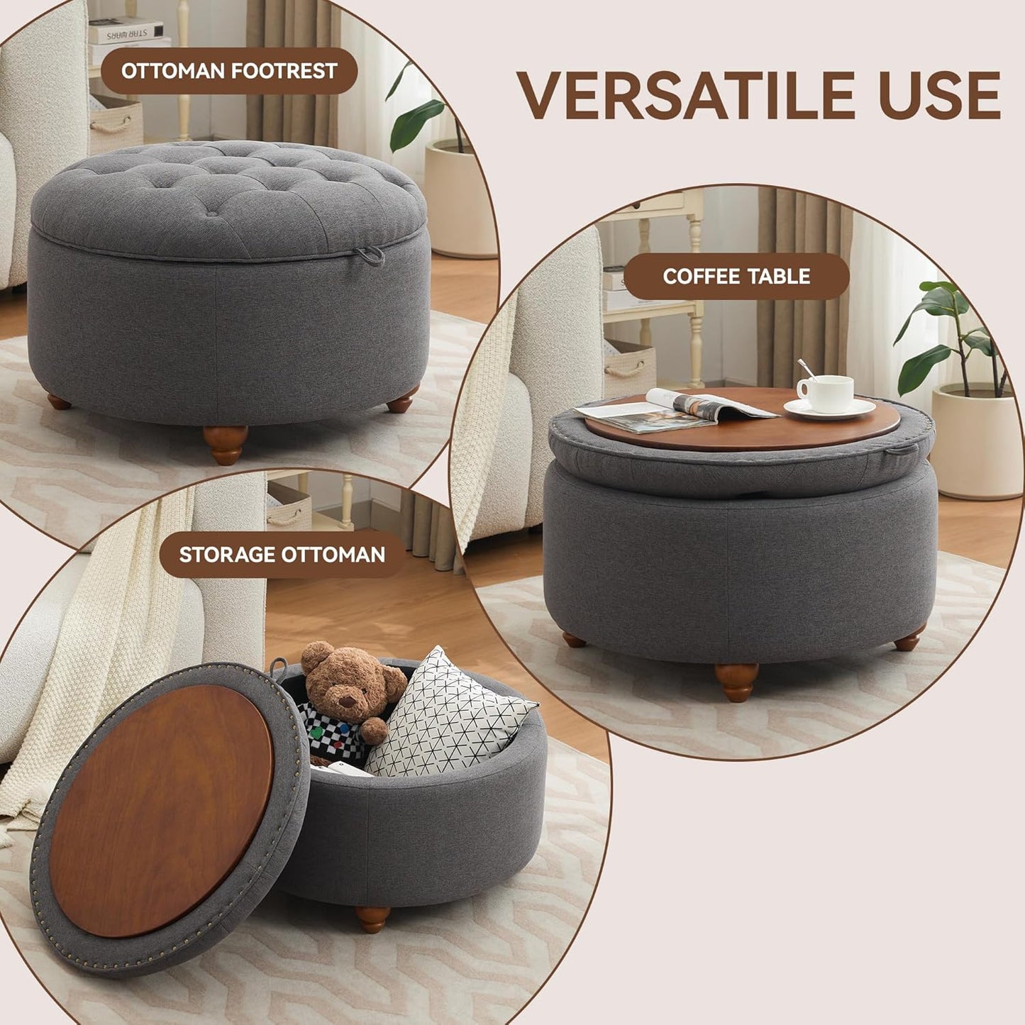 30Inch Round Storage Ottoman with Tray, Modern Tufted Fabric Circle Coffee Table with Storage, Upholstered Ottoman with Removable Top for Living Room, Bedroom, Dark Grey