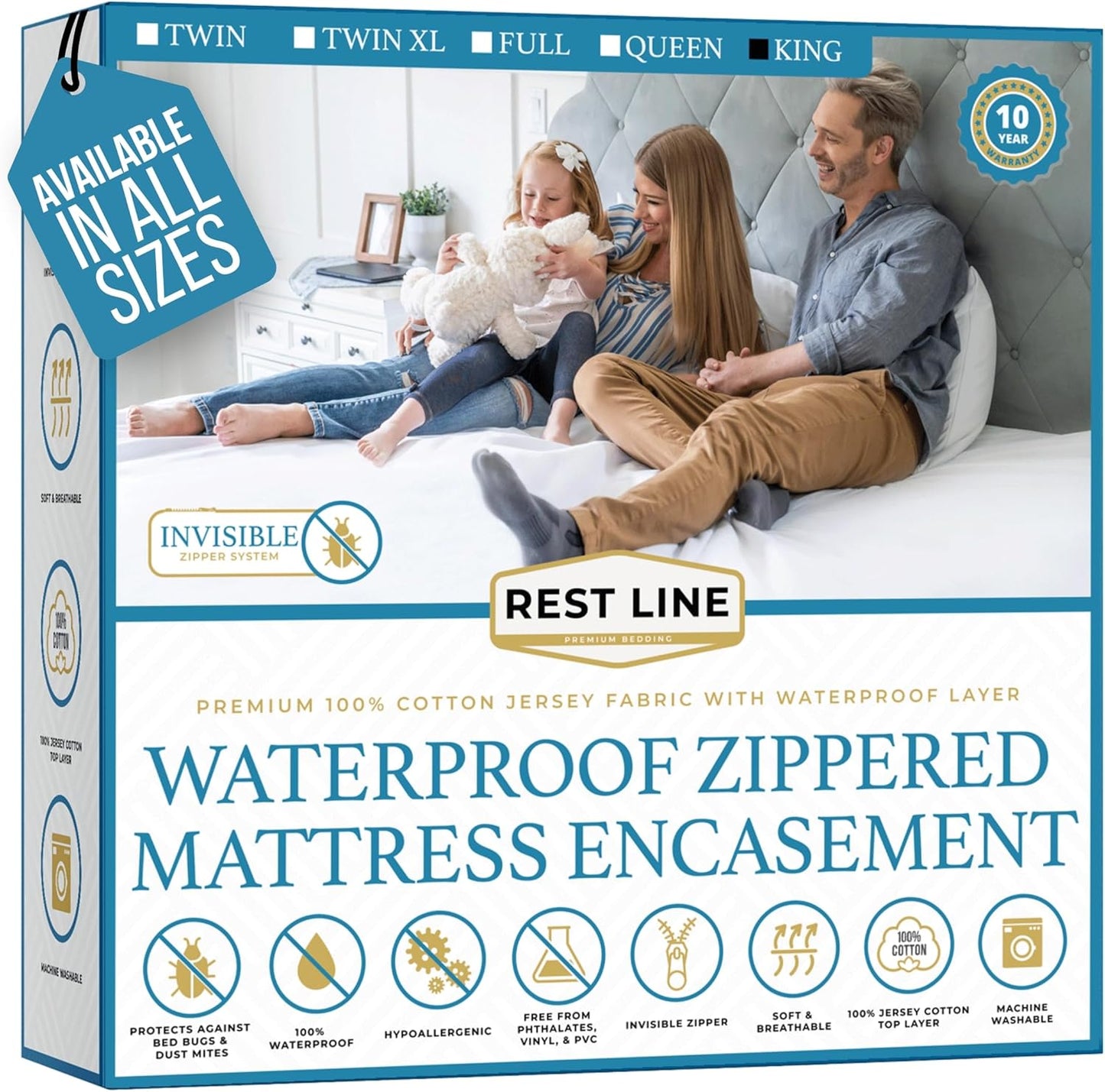 King Size 78x80” Premium Waterproof Zippered Mattress Encasement, 100% Cotton, Hypoallergenic, Six Sided Mattress Cover, Invisible Zippered, Soft Breathable up to 15" Deep - Rest Line