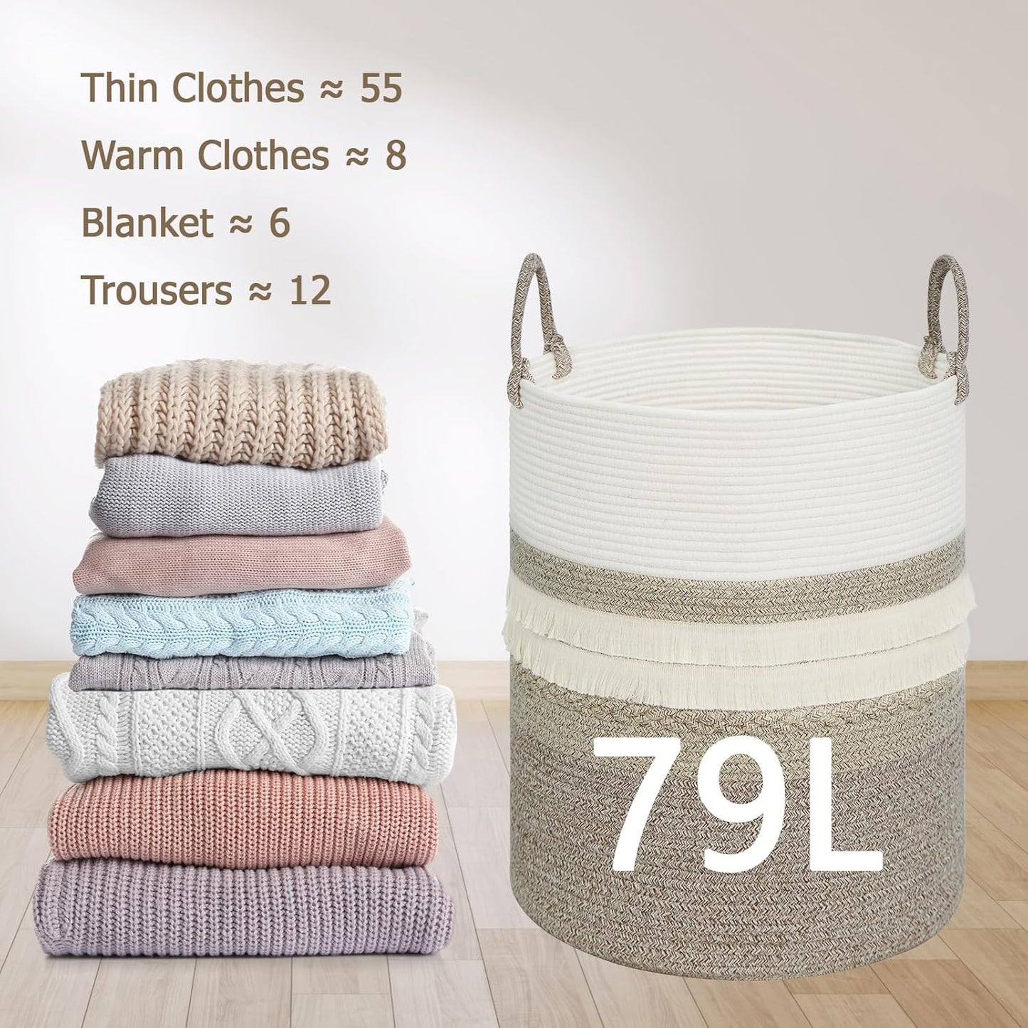 danpinera 79 L Large Laundry Basket, Tall Woven Cotton Storage Hamper with Handles, Dirty Clothes Hamper in Bathroom, Decorative Storage Basket for Living Room Gradient Brown