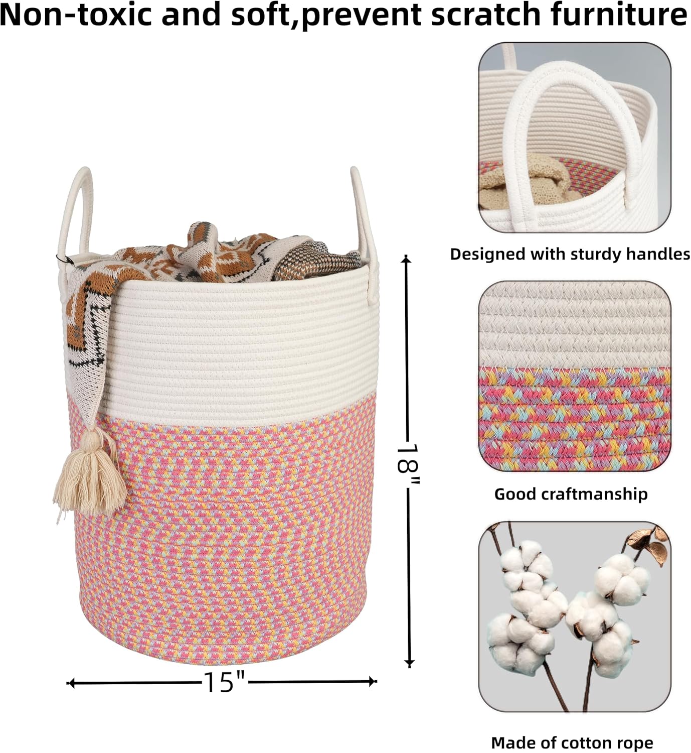 Cotton Rope Laundry Basket Hamper for Clothes Woven Storage Basket for Living Room Bedroom Boho Tall Rope Baskets for Blanket Toys Pillow Towels Baby Nursery Hamper Bin Large (multicolor)
