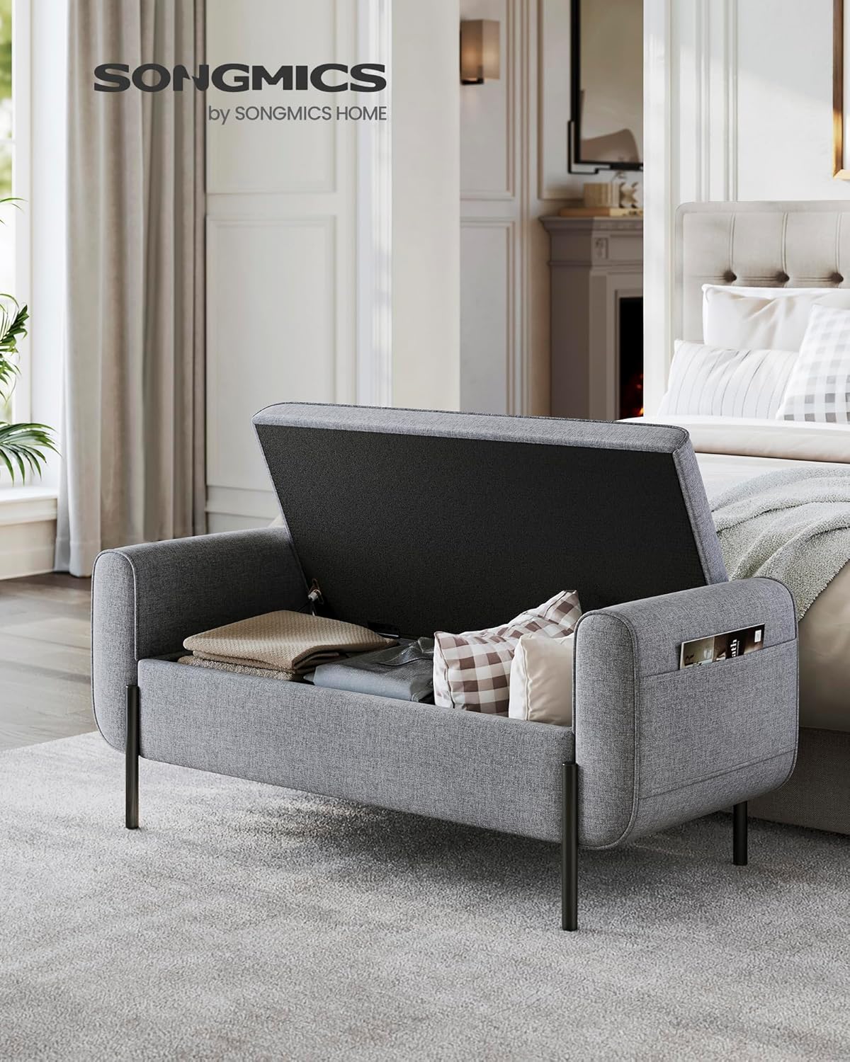 SONGMICS Storage Bench with Armrests, Ottoman for Living Room, Bedroom, Entryway, Steel Legs, Light Gray ULOM072G02