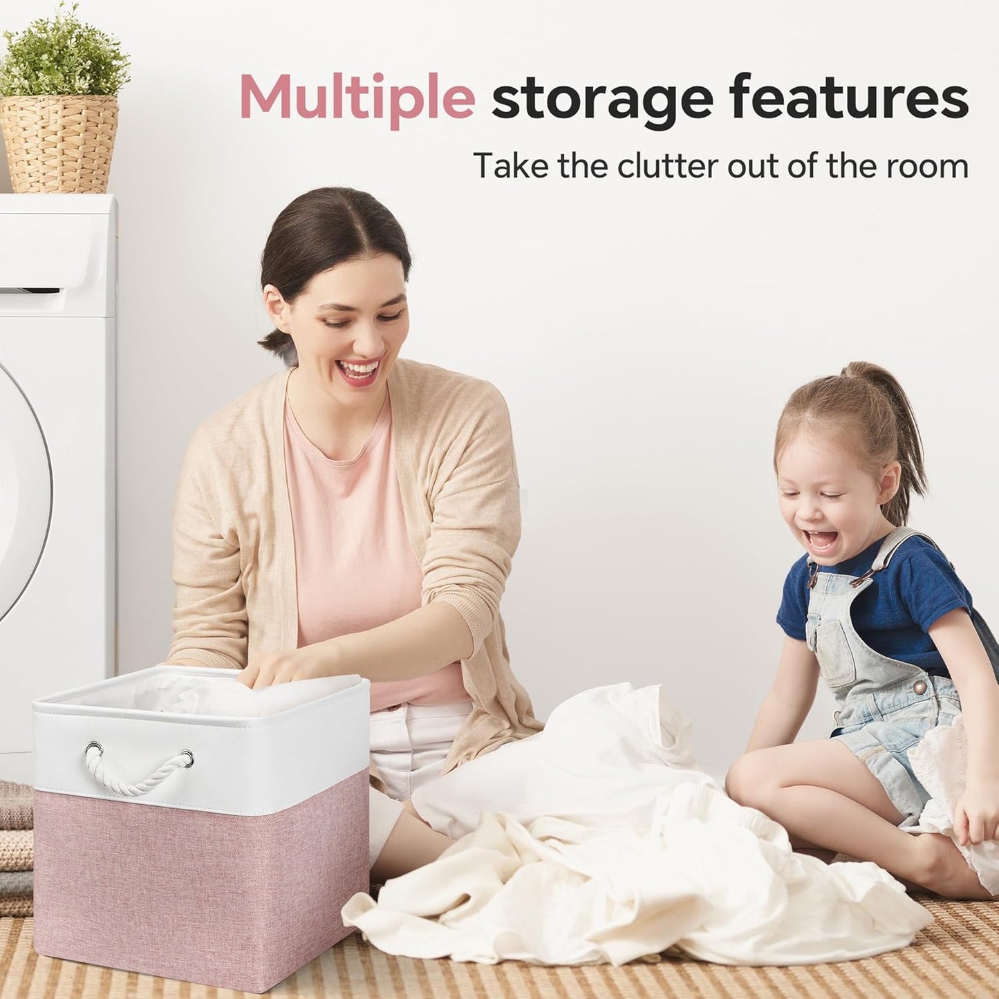 13x13 Inch Cube Storage Bins with Reinforced Bottom Cardboard, 6 Pack Large Collapsible Fabric Storage Cubes with Handles for Shelf, Closet, Toy, Laundry Organization (White&Pink)