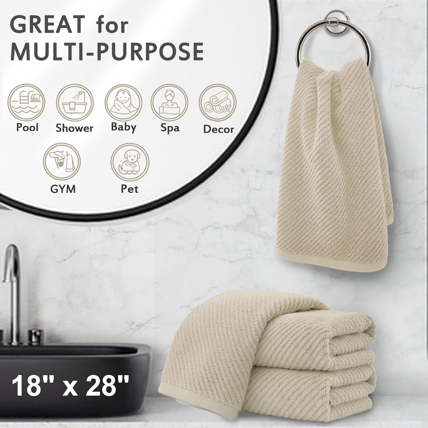 VOOVA & MOVAS Taupe Hand Towels for Bathroom, Large 18"x28" | 100% Cotton | Lightweight | Thick | Quick Dry | Soft | Absorb, Beige Bath Hand Towels Set of 4, Bathroom Essentials, Tan