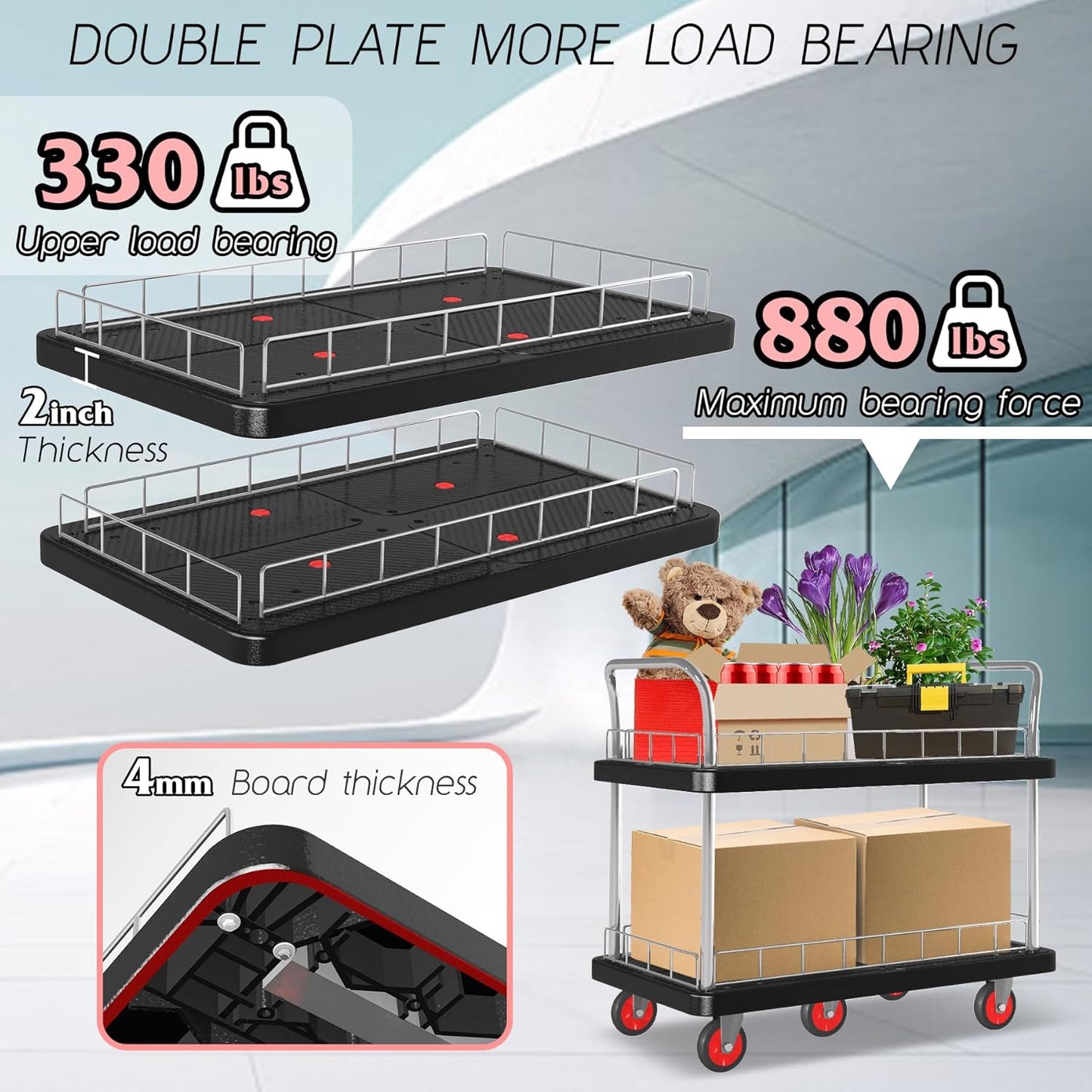 Utility Service Cart 2 Shelf - 880lbs Capacity Heavy-Duty Plastic Rolling Utility Carts with 5 of 360° Swivel Wheels and Handle, Large Service Cart for Groceries, Warehouse,Garage 43.5''x25.6''