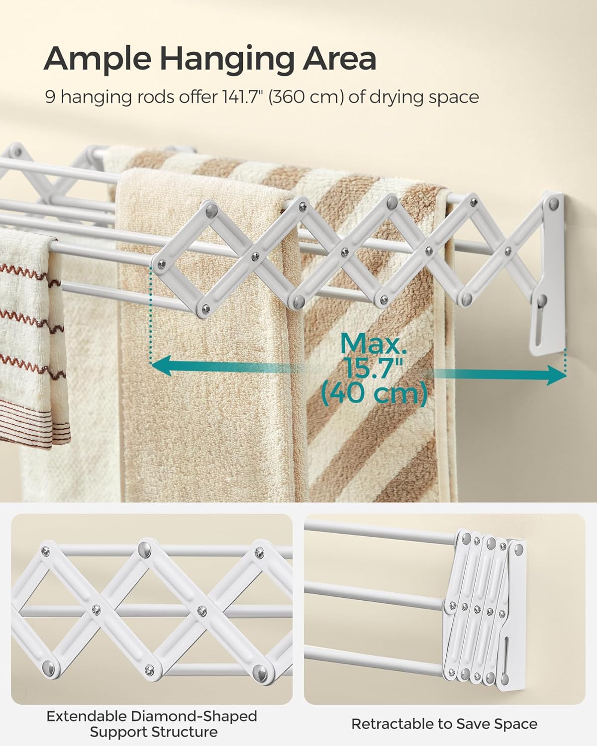 SONGMICS Clothes Drying Rack, Wall-Mounted Drying Rack Clothing, Small Accordion Laundry Rack, 9 Staggered Hanging Rods, Expandable and Retractable, Cloud White ULLR802W01