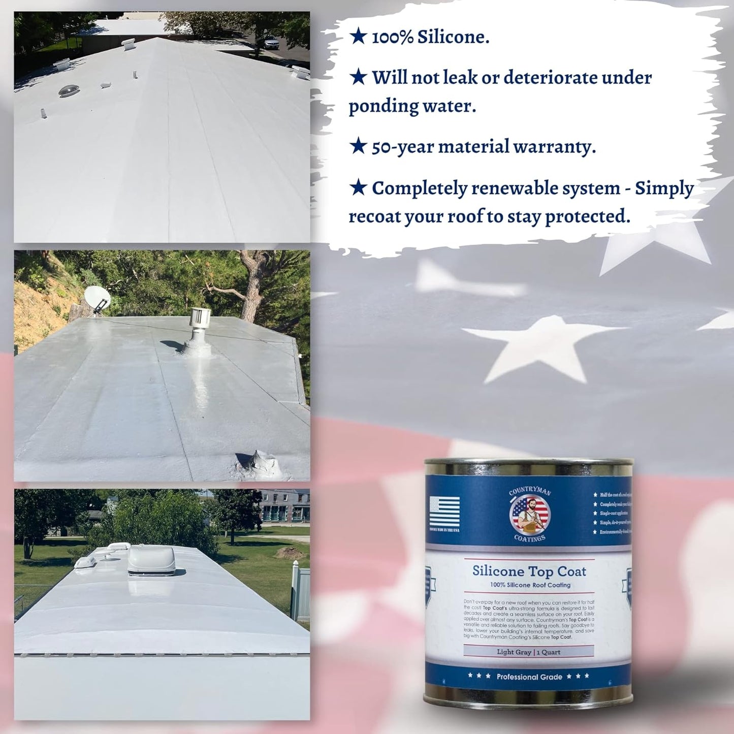 Countryman Coatings - 100% Silicone Roof Coating - Restore Your Roof in a Day - Seal Leaks, Cracks, Seams, Penetrations - Adheres to All Surfaces (1 Quart, Light Gray