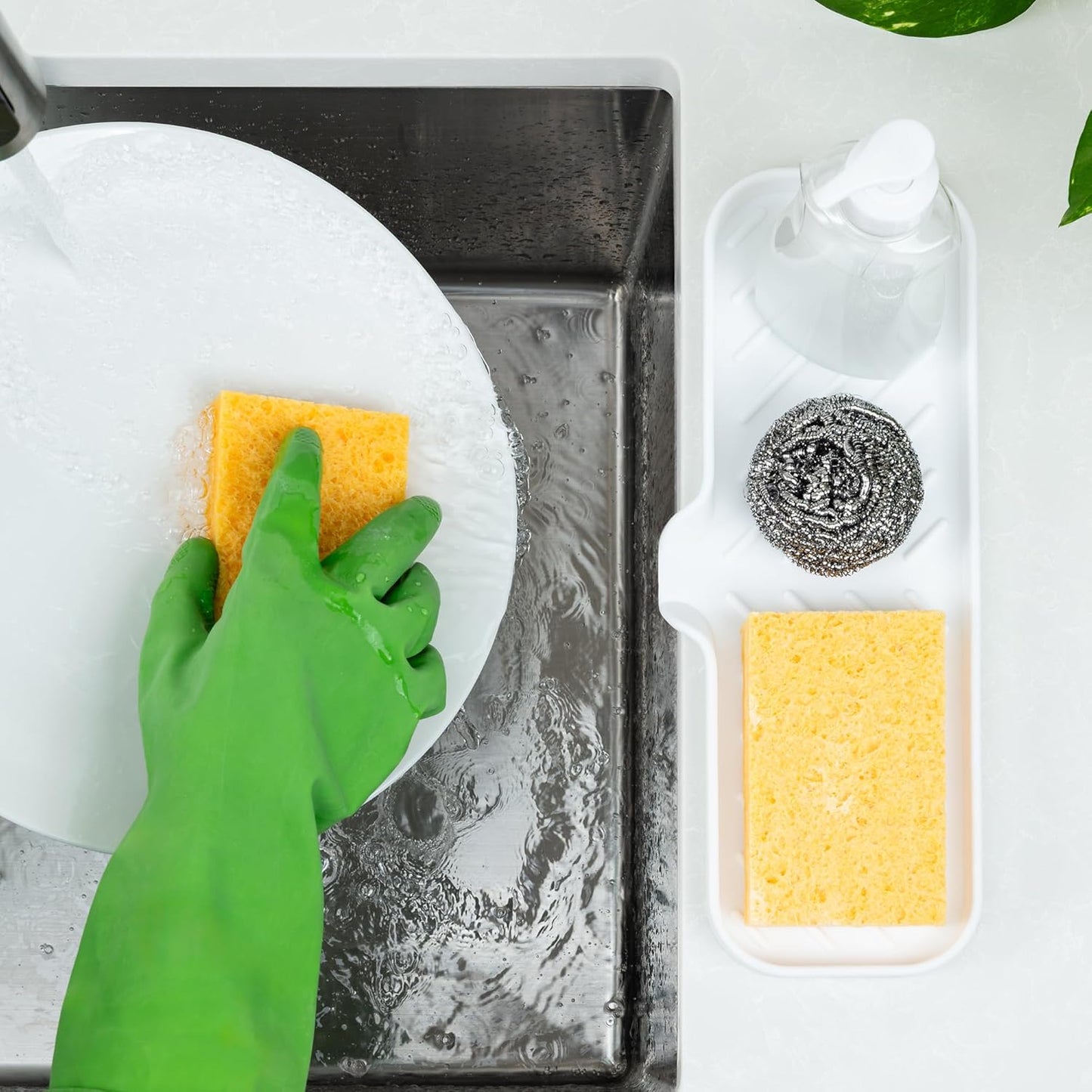 Zulay Large Silicone Sponge Holder (12x4) – Flexible Sink Organizer Tray for Kitchen & Bathroom – Multipurpose Soap Dish for Sponges, Makeup, Trinkets & More (White)