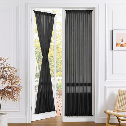 Tollpiz Sheer Door Curtains Closet Linen Textured Curtains Sheer Doorway Light Filtering Voile Rod French Door Pocket Curtain Patio Glass Door, 25 x 72 inches Long, Black, Set of 1 Panel