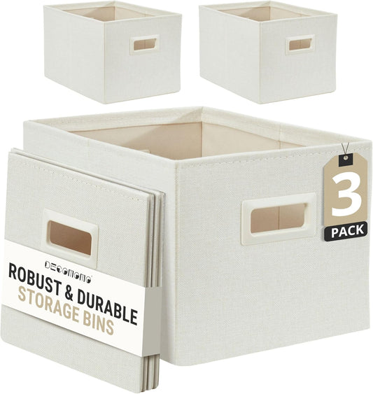 DECOMOMO Storage Bins for Shelves Robust Fabric Closet Bins for Shelves Toy Storage Clothes Books (Pack of 3 – Beige)