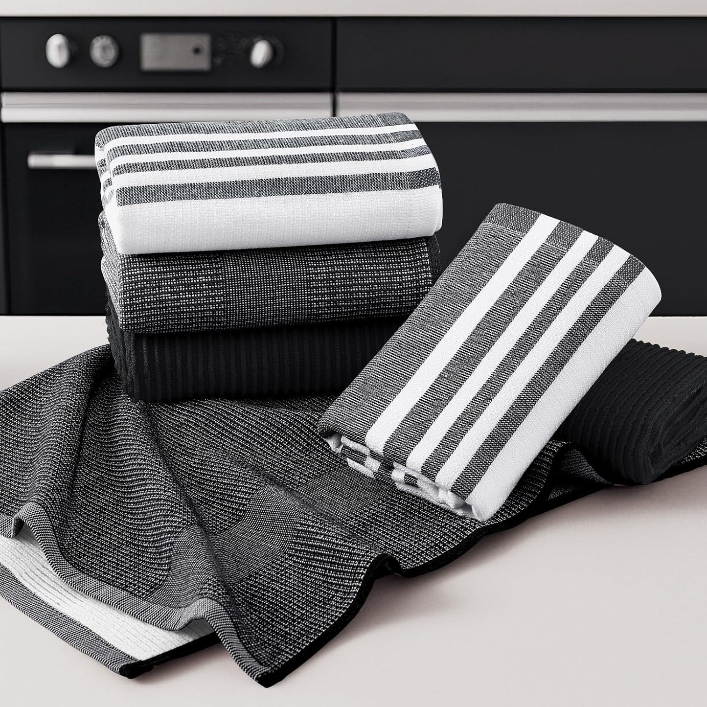 Homaxy Premium Kitchen Towels(18”x 28”, 6 Pack), Large Cotton 380 GSM Kitchen Hand Towels, Soft and Absorbent Terry Dish Towels, Multipurpose Tea Towel Set with Hanging Loop, Black