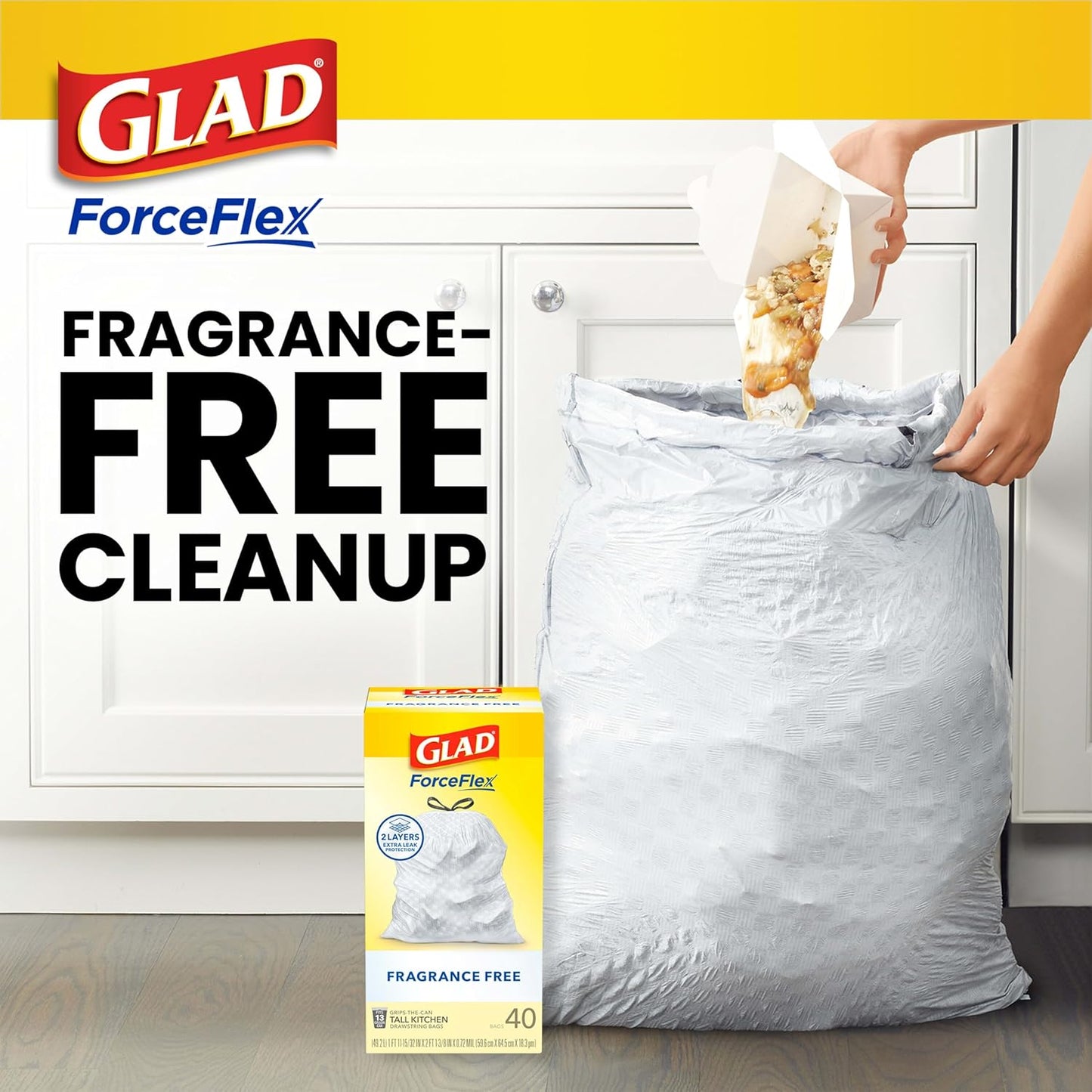 Glad Trash Bags, ForceFlex Tall Kitchen Drawstring Garbage Bags, 13 Gal, Fragrance Free, 80 Ct, Package May Vary| (Pack of 3)