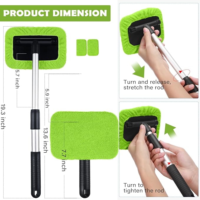 Frienda 3 Set Windshield Cleaner Tool Inside Car Window Cleaner Tool with 3 Extendable Handle 9 Reusable Microfiber Pads and 3 Spray Bottles for Auto Home Interior Exterior Glass Cleaning(Green)