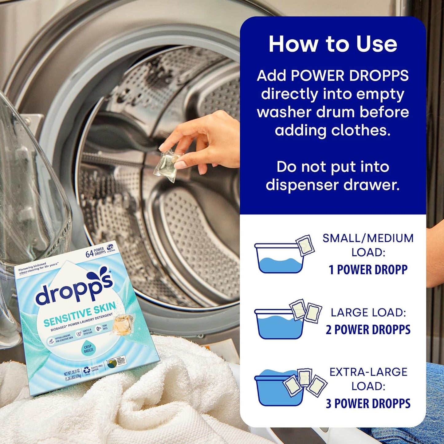 Dropps Sensitive Skin Laundry Detergent Pods, Crisp Breeze (160 Count) - Dermatologist Tested Laundry Pods - HE Compatible Laundry Supplies for Clean Clothes, Vegan & Dye-Free