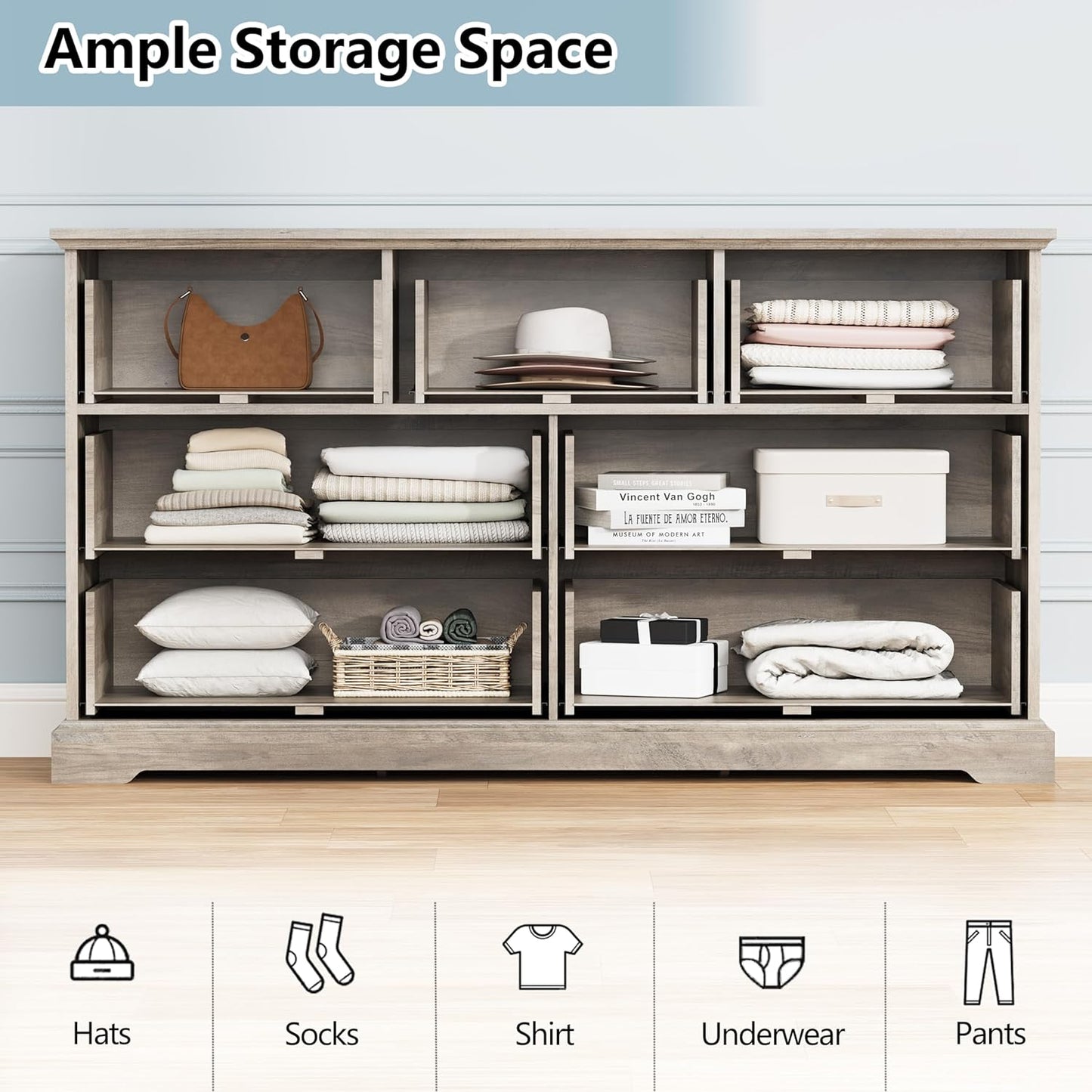 7 Drawer Dresser for Bedroom, 57" Wide Wooden Chest of Drawers, Rustic Farmhouse Dresser with Large Drawers & Metal Handles, Modern Storage Organizer for Closet, Living Room, Hallway, Grey