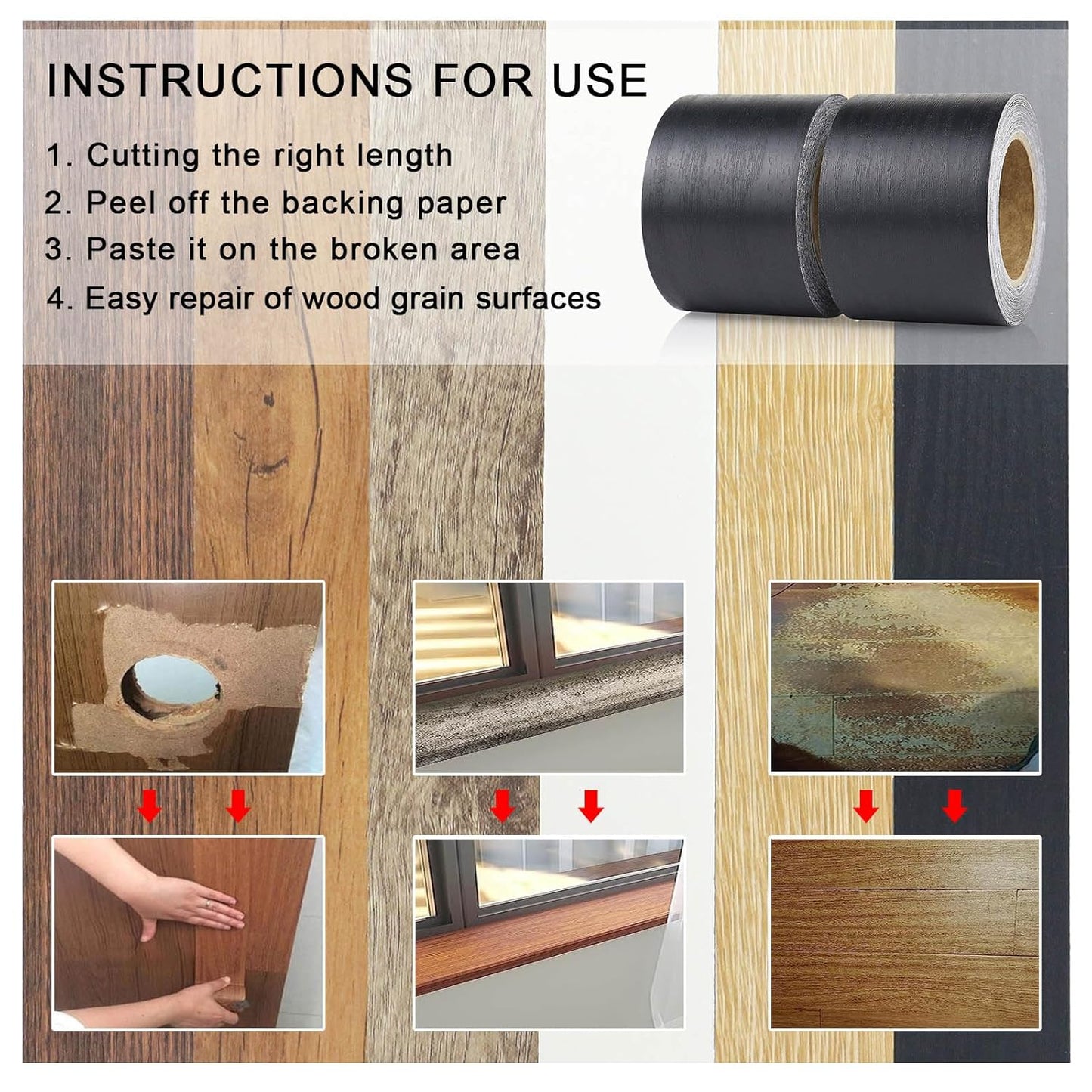 BOMEI PACK Wood Grain Repair Tape,Self Adhesive Repair Patch for Furniture, Floors, Cabinets, Windows, Doors, RV, Home Decor and DIY Projects (2, Black)