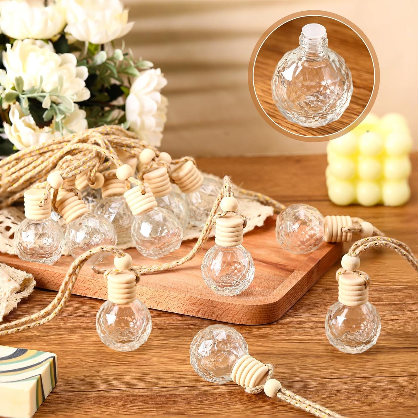 BBTO 50 Pcs Hanging Car Air Freshener Car Diffuser Bottles Empty Glass Perfume Bottle Freshener Diffuser Bottle Pendant for Essential Oil Fragrance Aromatherapy Bottle Ornament(Round Diamond)
