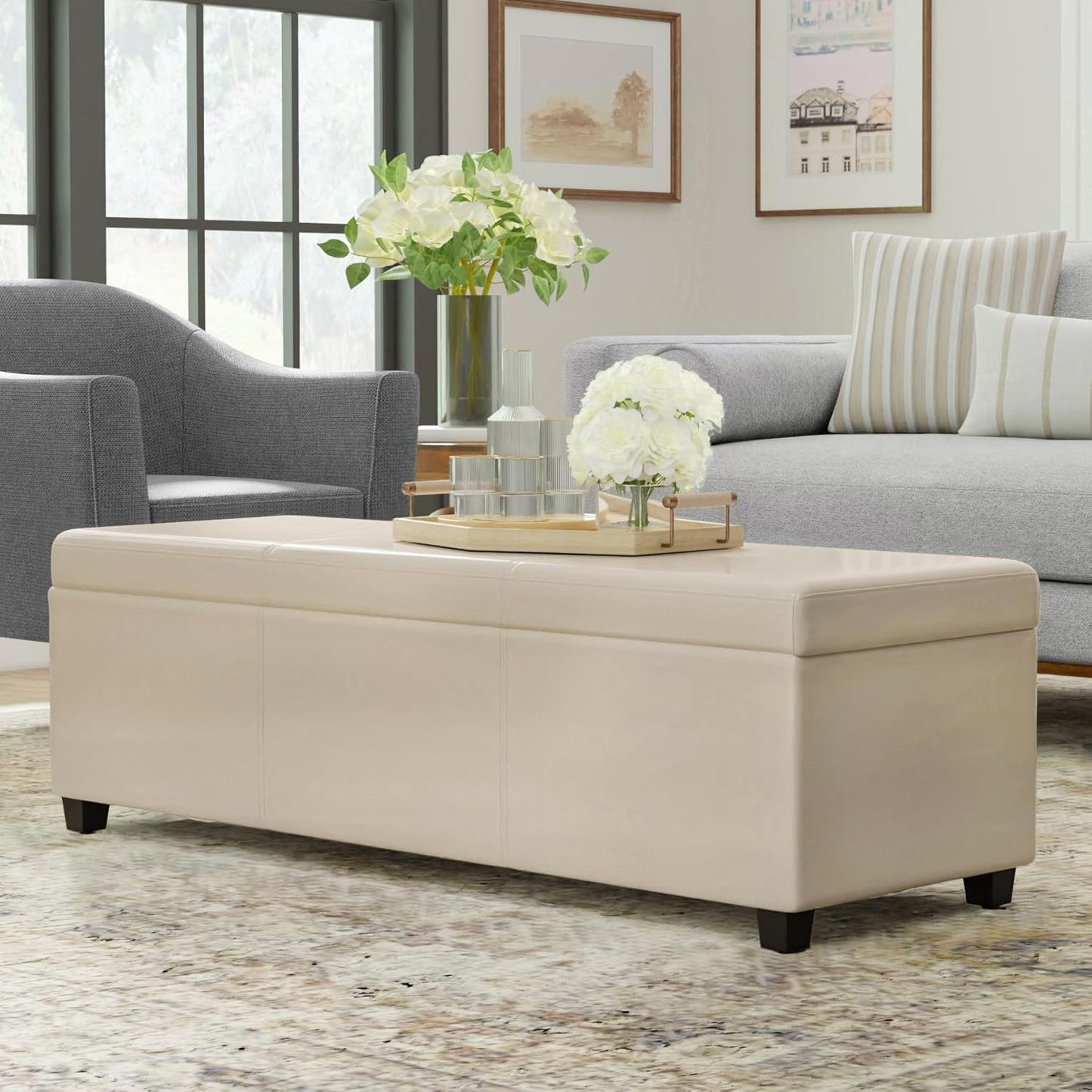 SIMPLIHOME Avalon 54 inch Wide Contemporary Rectangle Extra Large Storage Ottoman Bench in Satin Cream PU Faux Leather, Assembled, for The Living Room, Entryway and Family Room
