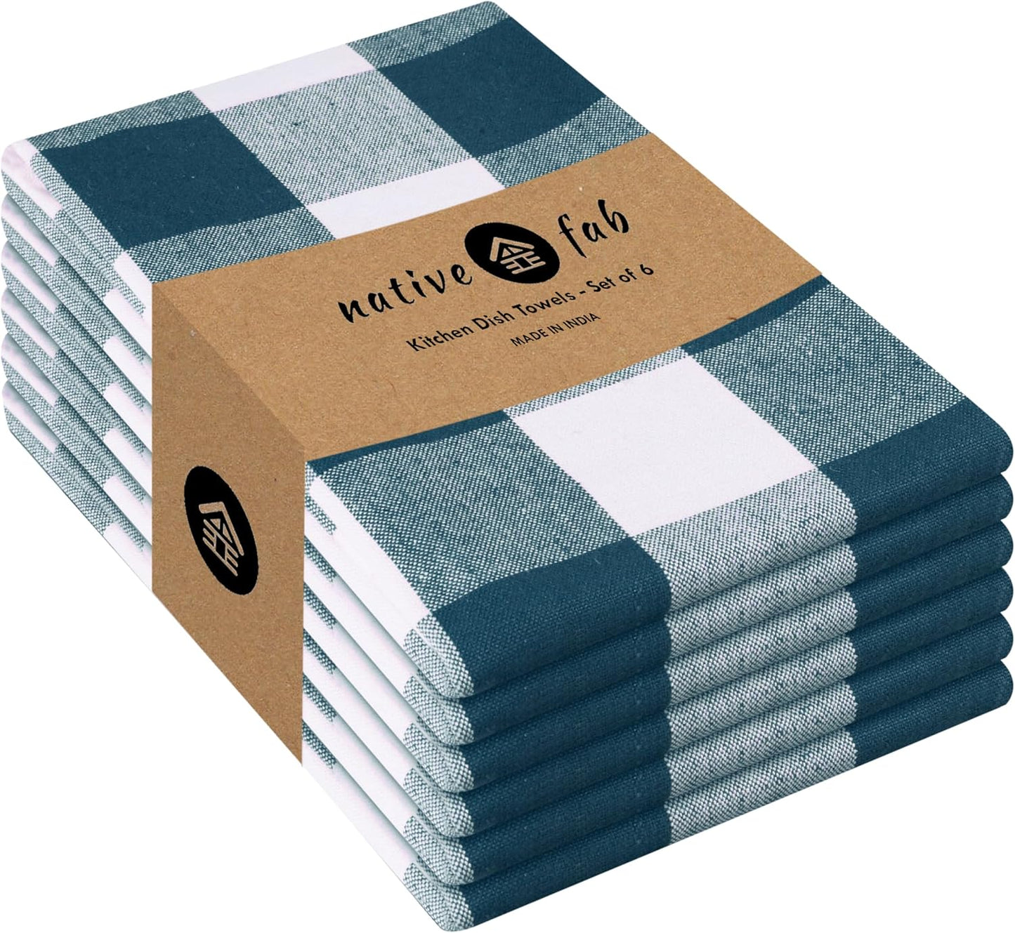 Native Fab 6-Pack Kitchen Towel with Hanging Loop 16x26 inches, Cotton Buffalo Check Kitchen Towels for Cleaning Drying, Washcloths Soft & Absorbent Cloth Rags, Bar Towel, Dish Cloth, Teal Green