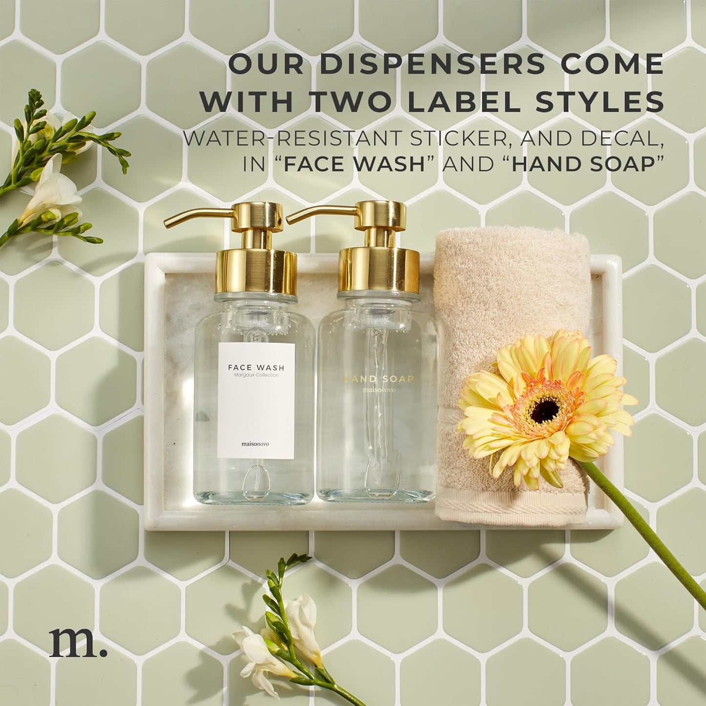 MaisoNovo Glass Foaming Hand Soap Dispenser 14 Oz | Gold Foaming Soap Dispenser Clear Bottle Gold Pump x 1 w/Labels