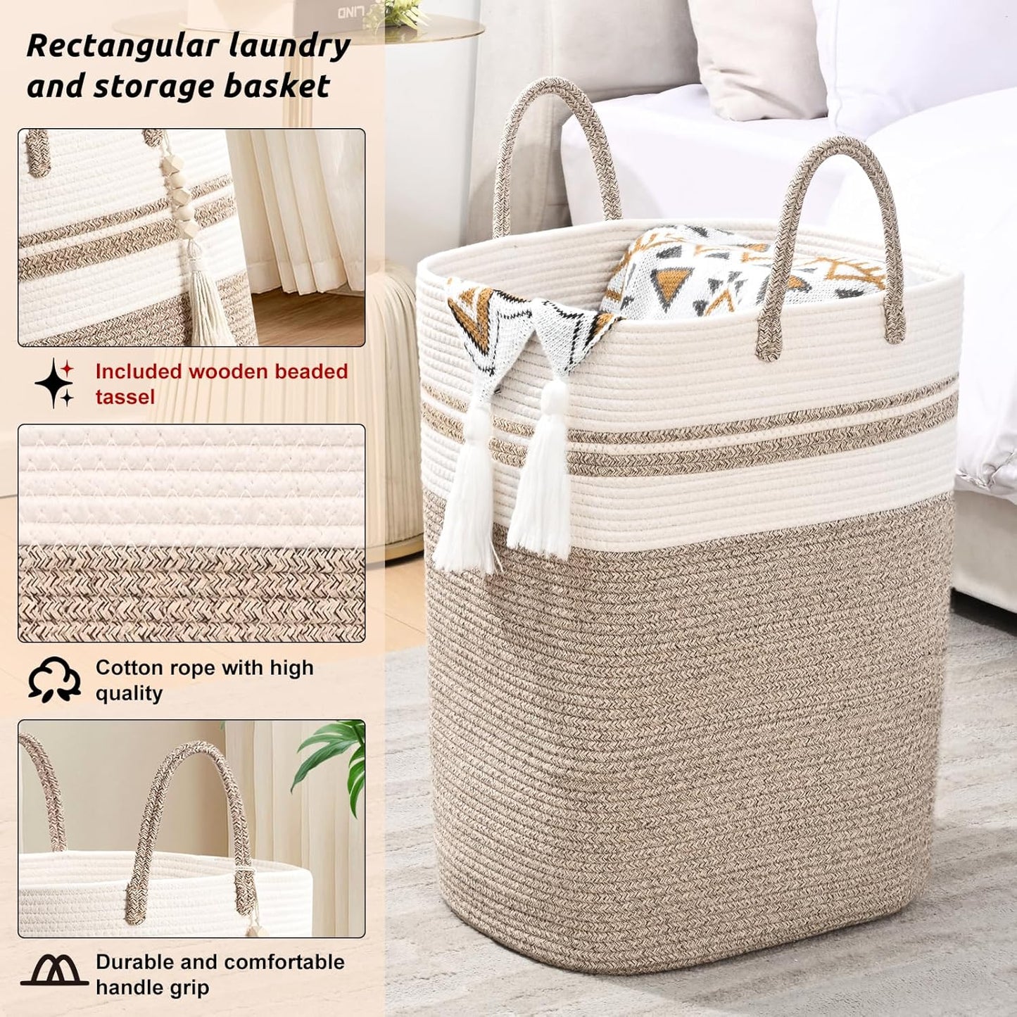 Woven Laundry Basket for Clothes, 50 L Large Rectangle Laundry Hampers with Beads Tassel, Nursery Storage Basket for Toys, Tall Dirty Clothes Hamper for Bedroom Aesthetic, Laundry Room Organization