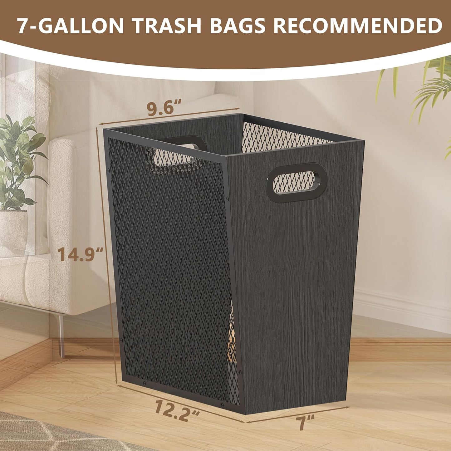 Piskyet Black Office Trash Can for Near Desk,7 Gallon Unique Wood Bedroom Garbage Can,Vintage Wastebasket with Handle, Decorative Trash Can for Home Office,2pack 12.2" L x 9.6" W x 14.9" H