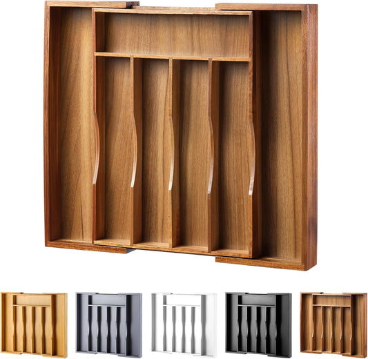 Expandable Acacia Kitchen Drawer Organizer for Cutlery and Utensils, Adjustable Acacia Wood Cutlery Tray in Drawer for Flatware and Silverware in Kitchen