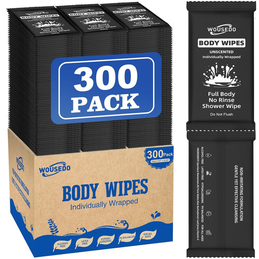 300 Pcs Ultra Thick Soft Large Body Wipes Individually Wrapped(7.87" x 9.45"),Shower Wipes for Adults Bathing No Rinse,Personal Cleansing Wipes for Travel Gym,Bulk Deodorant for Homeless.