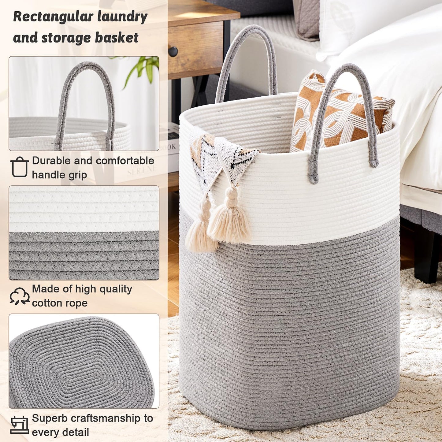 Laundry Basket,Woven Cotton Rope Laundry Hamper,Versatile Storage for Dirty Clothes,Baby Toys,and Blankets in Bathroom, Nursery,and Living Room (Grey, 40L)