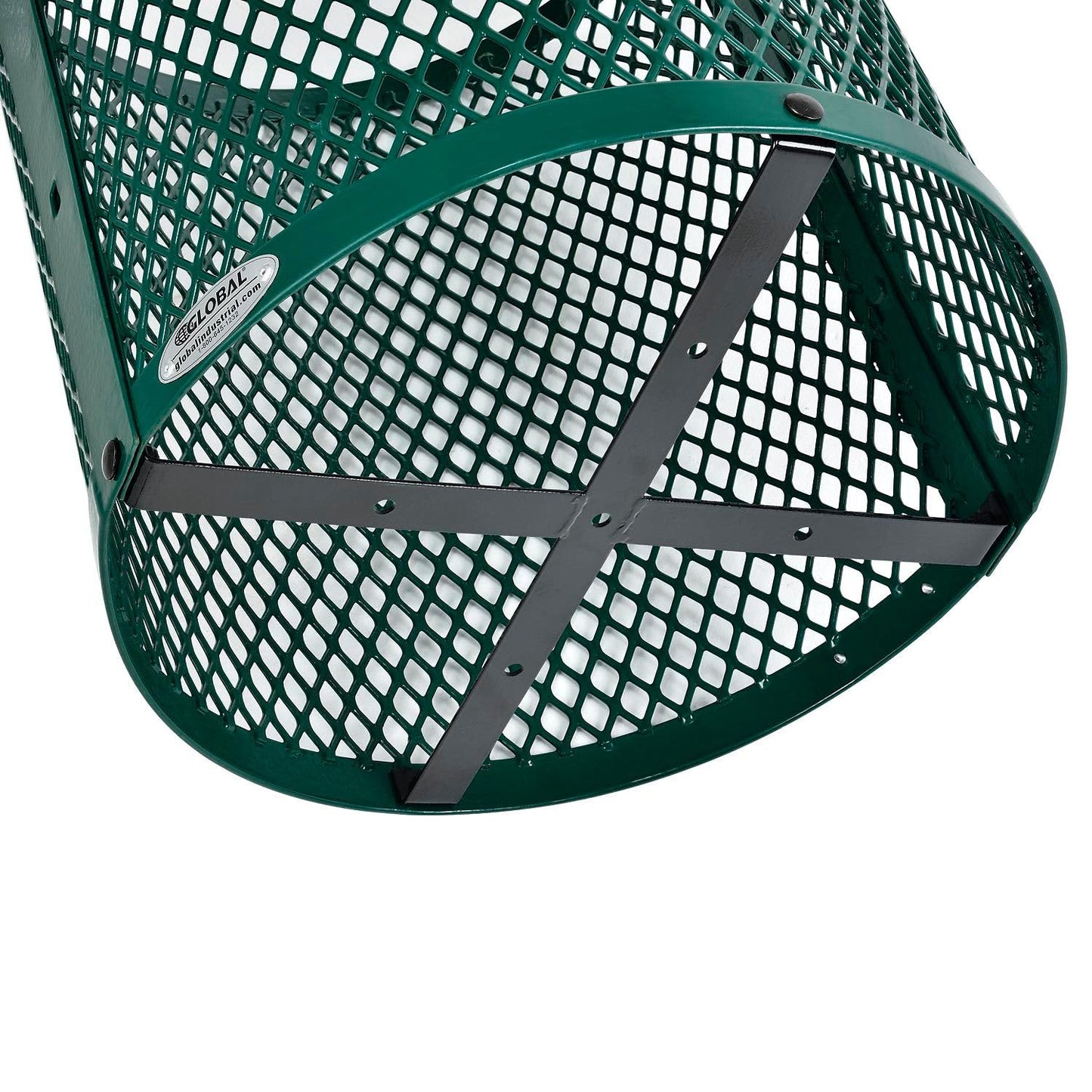 Global Industrial Outdoor Diamond Steel Trash Can with Flat Lid and Plastic Liner, 36 Gallon Capacity, Green, Thermoplastic Coating, 23-1/2" Diameter, 30" H