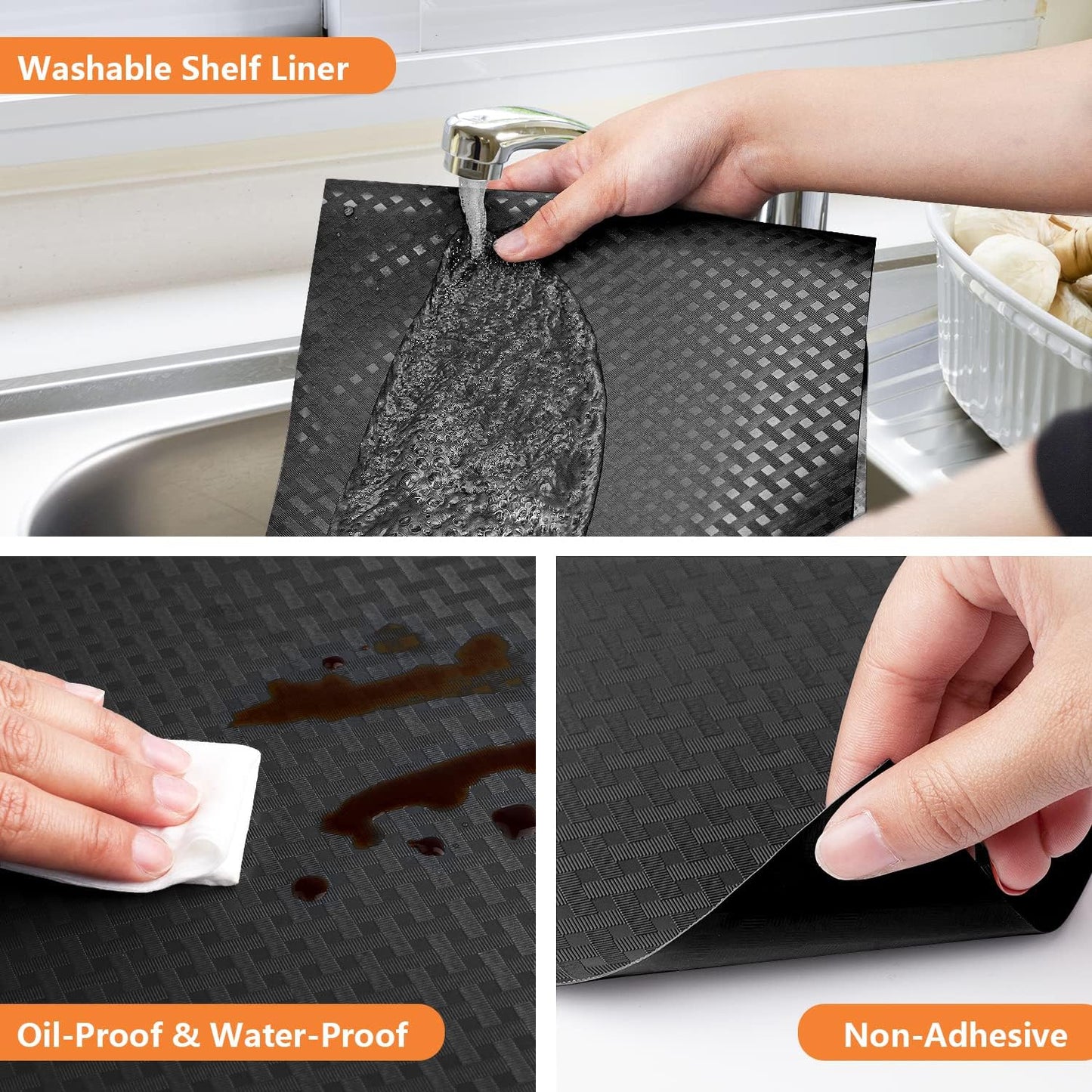 Shelf Liners for Kitchen Cabinets Refrigerator Liners Waterproof & Oil-Proof Kitchen Cupboard Liner Non-Slip Drawer Mats EVA Material Non Adhesive Fridge Liner for Shelves - Black 17.5 x 236.2 Inches