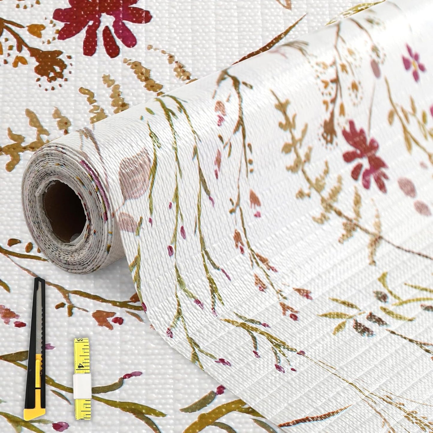 FINNEZ Shelf and Drawer Liner 17in x 10FT with Cutting Tool, Non Slip Non Adhesive Drawer Liners for Kitchen Cabinets, Waterproof Floral Cabinet Liner for Shelves, Refrigerator