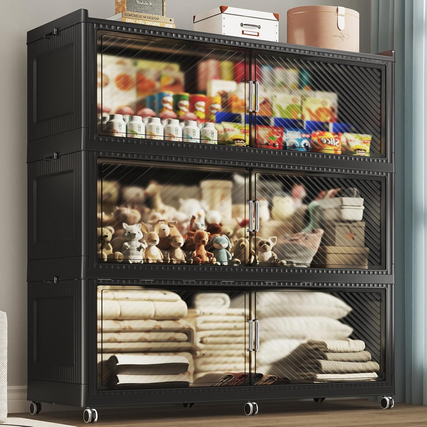 240GAL Extra Large Storage Bins with Lid, 960QT Collapsible Organizer with Wheels, Stackable Closet Cabinet with Doors, Folding Storage Containers for Home, Office, Dorm, 3Pack Black