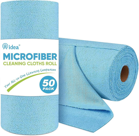 AIDEA Microfiber Cleaning Cloth Roll, 50PK, Blue Shop Towels Reusable Tear Away Paper Towels, Washable Shop Rags, Microfiber Towels for Cars, Lint Free Rags for House, Mechanic, Workshops, 11.5"×11.5"