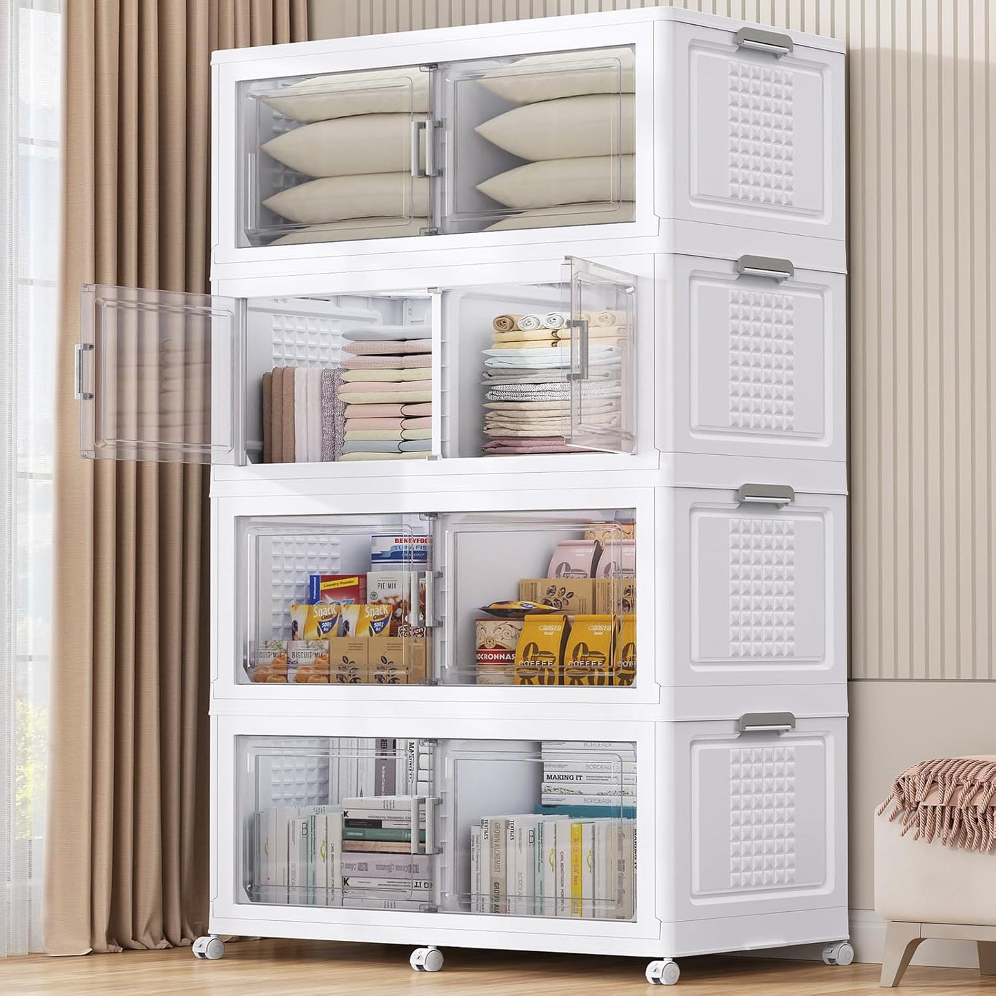 BROVIEW 69.3"H 200Gal Plastic Storage Bins with Lid & Wheels,4Pack Extra Large Stackable Storage Bins with Dividers,Closet Organizers and Storage Cabinet Collapsible Box Shelves for Home Kitchen,White