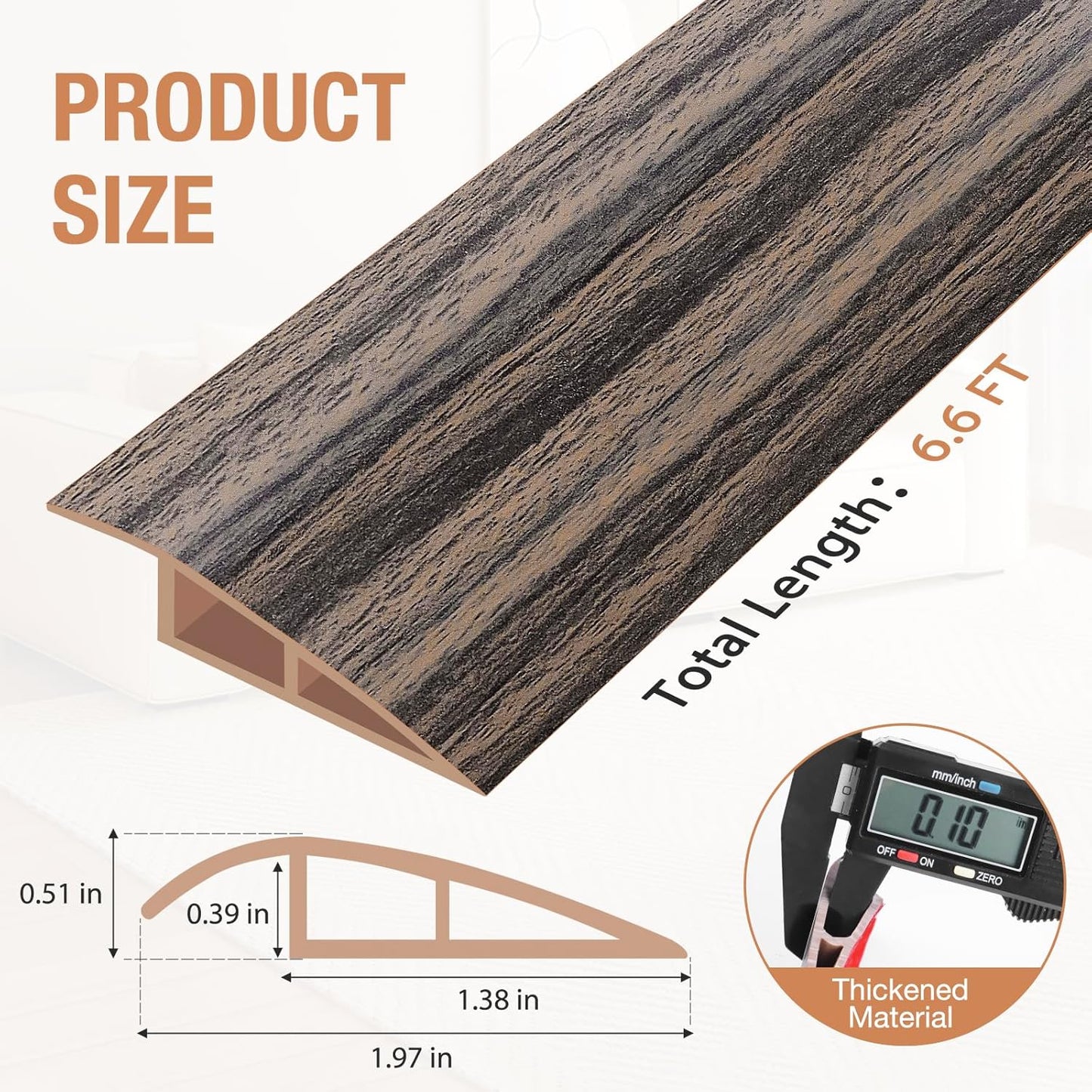 Floor Transition Strip Self Adhesive Vinyl Door Threshold for Doorways Carpet Edging Trim Overlap Edge Reducer for Laminate Floor, Carpet, Tile (Smoked Brown Wood Grain, 1/5" to 2/5", 6.6Ft)